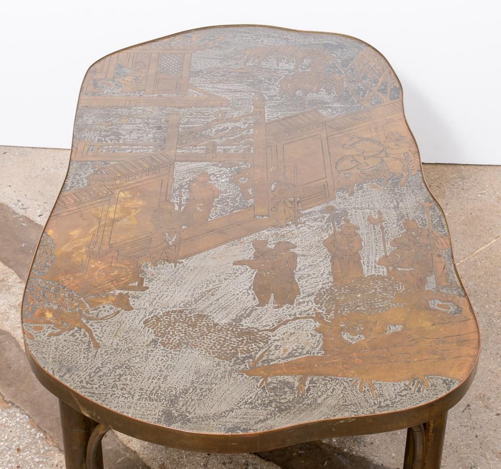 Philip and Kelvin LaVerne (American, 1907-1987; b.1937) Chan Etched Patinated Brass and Pewter Coffee Table, signed to edge.

Dealer: S138XX