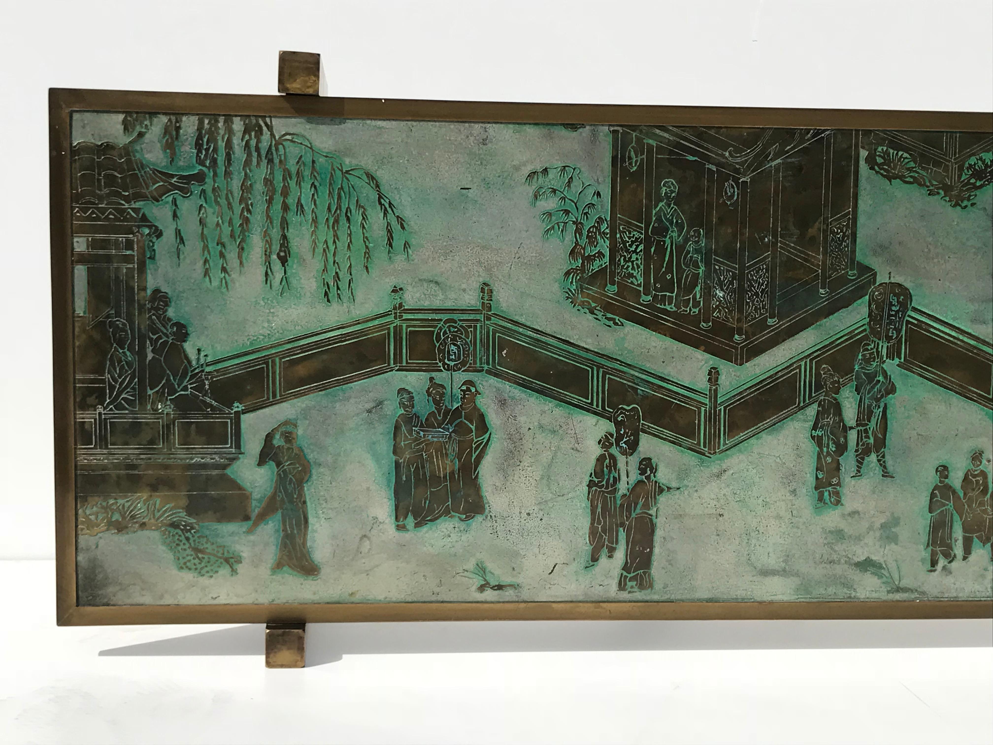 Philip & Kelvin LaVerne Chan coffee table with beautiful verdigris patina. Only etched tabletop without legs is 70