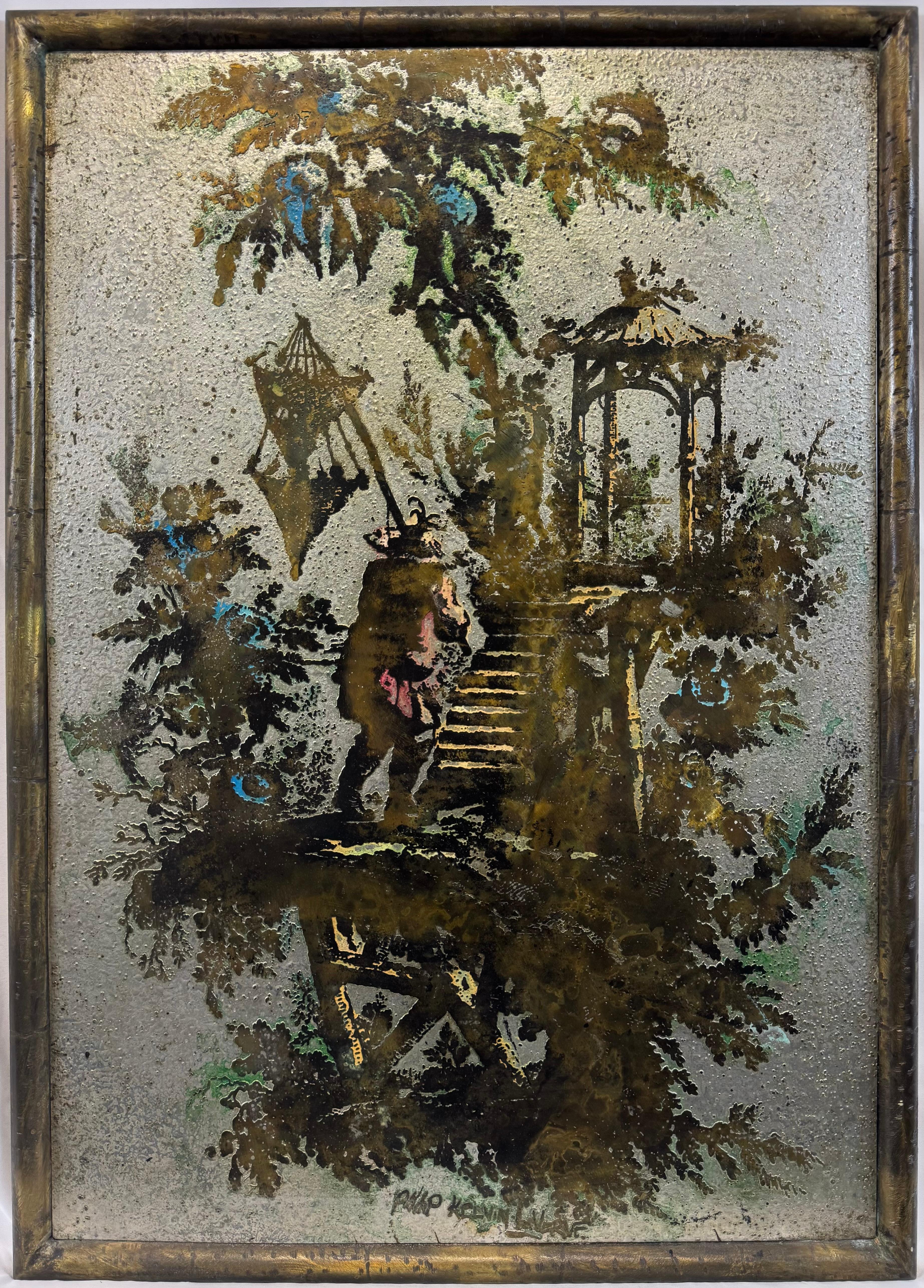 Philip Kelvin Laverne Chan Figurative Sculpture - “Chinoi Plaque #1” Philip & Kelvin LaVerne Etched Bronze & Pewter Wall Plaque