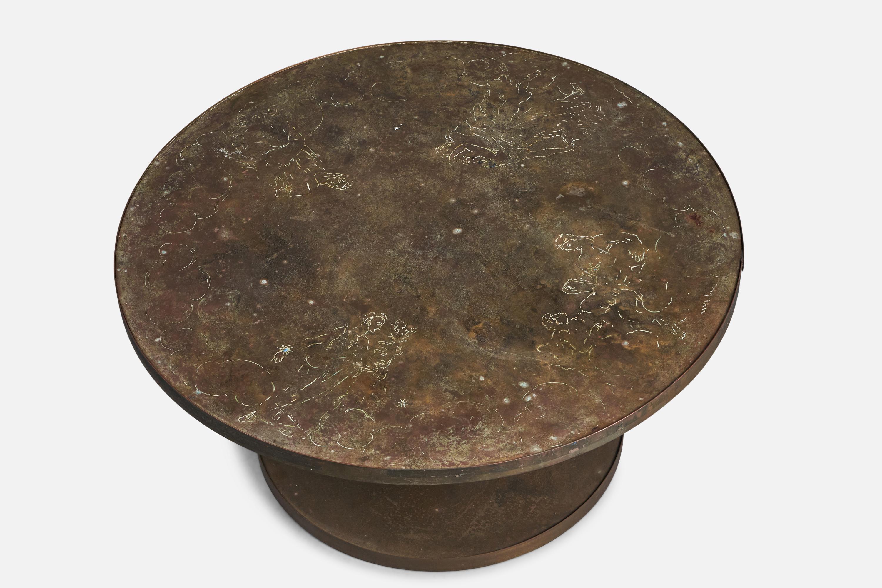 A rare round coffee table or cocktail table by Philip & Kelvin LaVerne, New York, United States, 1960s. 

Produced in acid-etched and patinated bronze and pewter over wood. Labeled and signed.

 