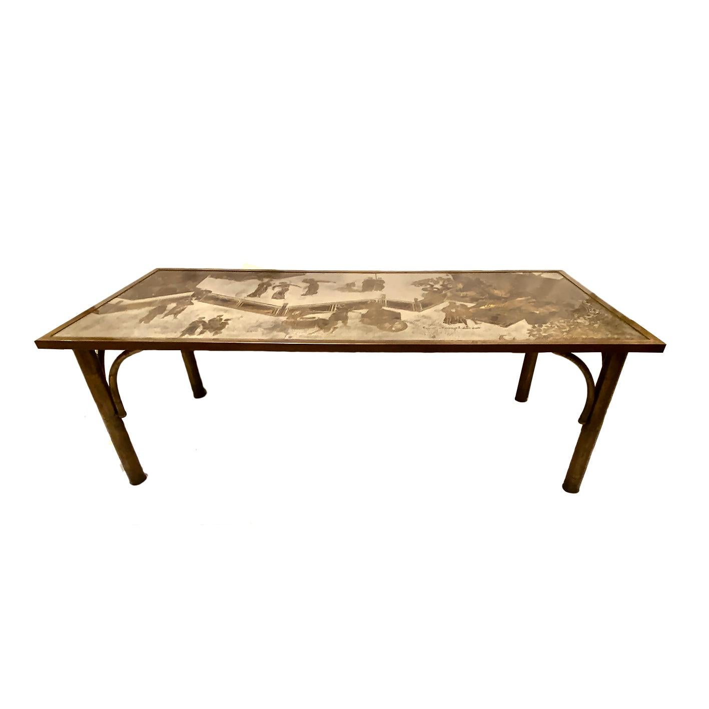 A circa 1960s Laverne coffee table with Asian motif.

Measurements:
Height 17?
Length 47.75?
Depth 20?.