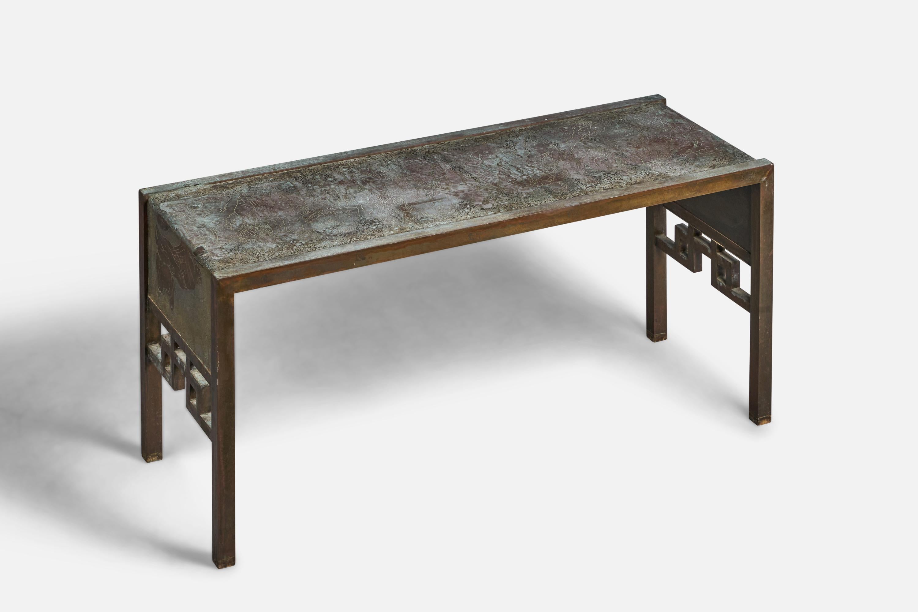 A brass and pewter console designed and produced by Philip and Kelvin LaVerne, USA, 1960s. 


