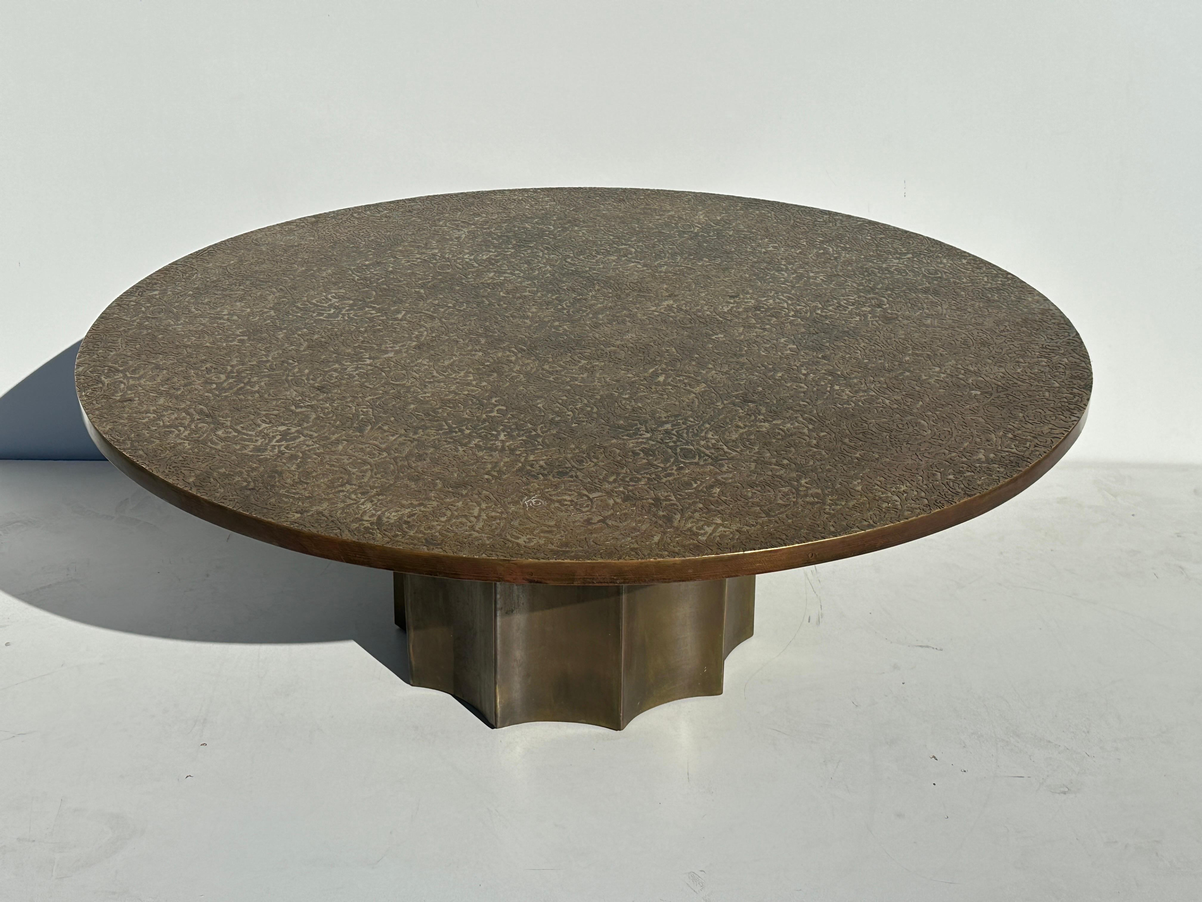 Acid etched Etruscan coffee table in bronze and pewter by father and son duo Philip and Kelvin LaVerne with rare base. Top is 48” diameter by 1” thick. Base is 19” diameter by 16” high.