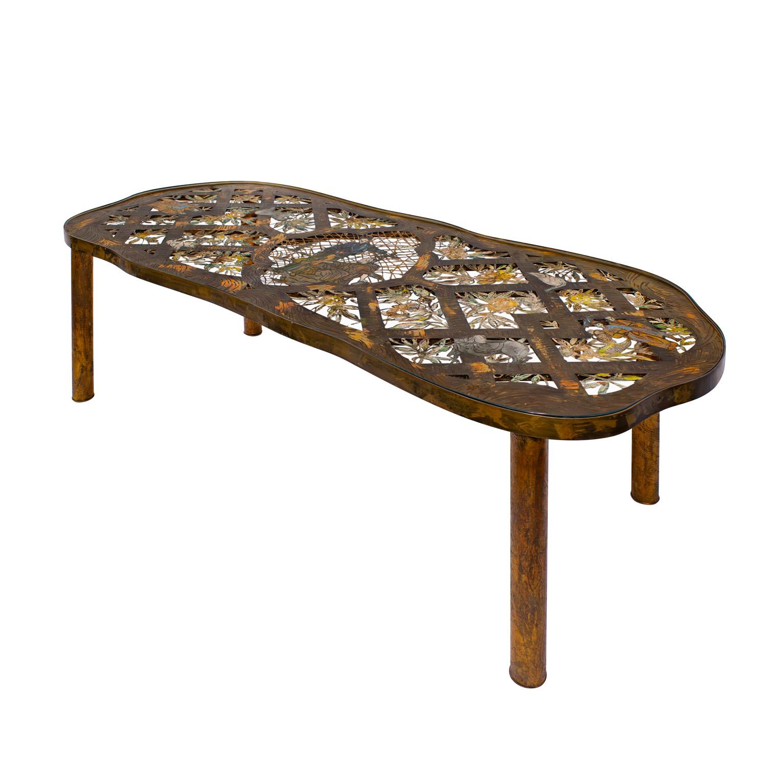 Exceptional and rare “Fragonard Pierced” Coffee Table in patinated, engraved and pierced bronze and pewter, intricately cut with colorful enamel cloisonne and gold and copper leaf with an inset glass top, by Philip and Kelvin Laverne, American