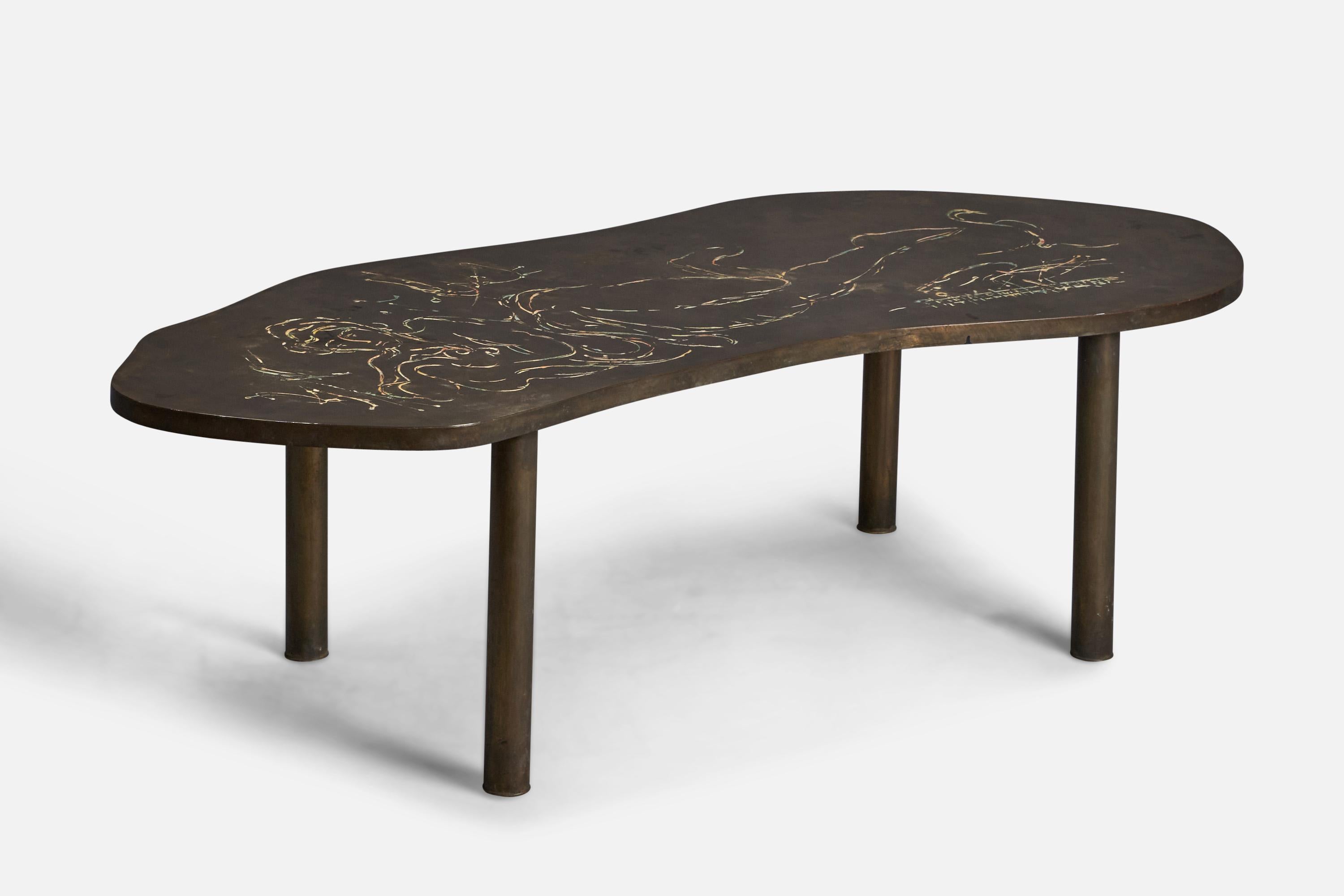 An etched bronze and pewter coffee table with enamelled decoration designed and produced by Philip & Kelvin LaVerne, USA, 1960s.
