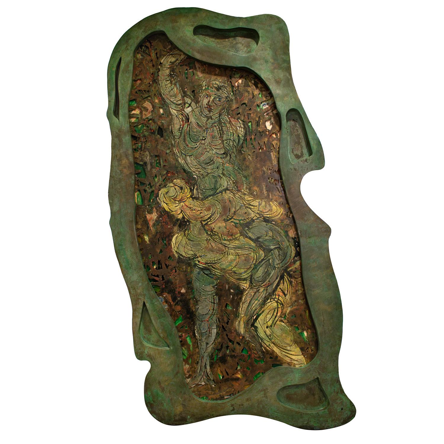 Monumental and important “Good And Evil” pierced bronze painting in patinated and engraved bronze and pewter with enamel cloisonne and hand-brazed sculptured frame with green patina by Philip & Kelvin LaVerne, American 1970's (signed “Philip K.