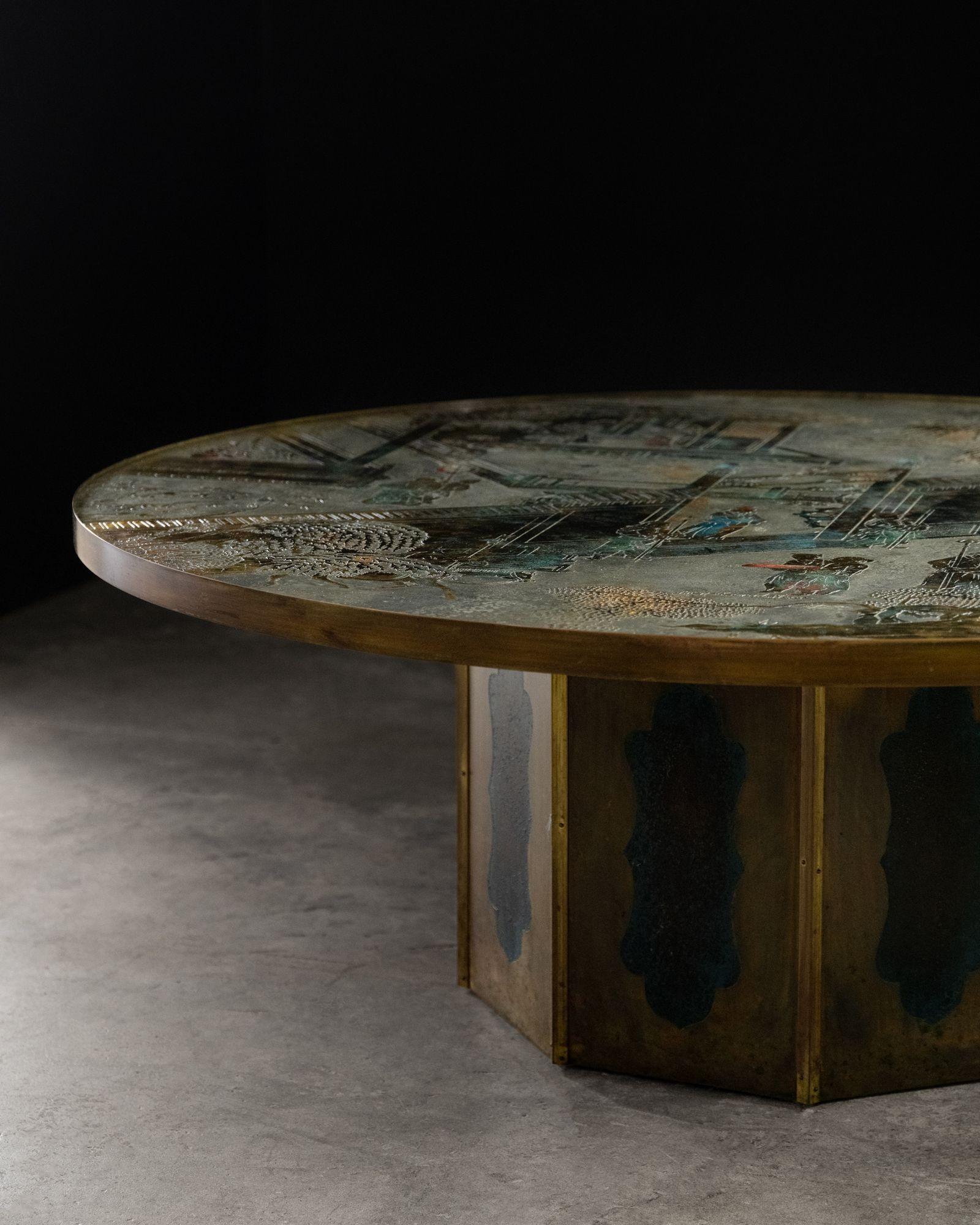 Chinoiserie Philip & Kelvin Laverne Large Chan Cocktail Table in Bronze and Pewter For Sale