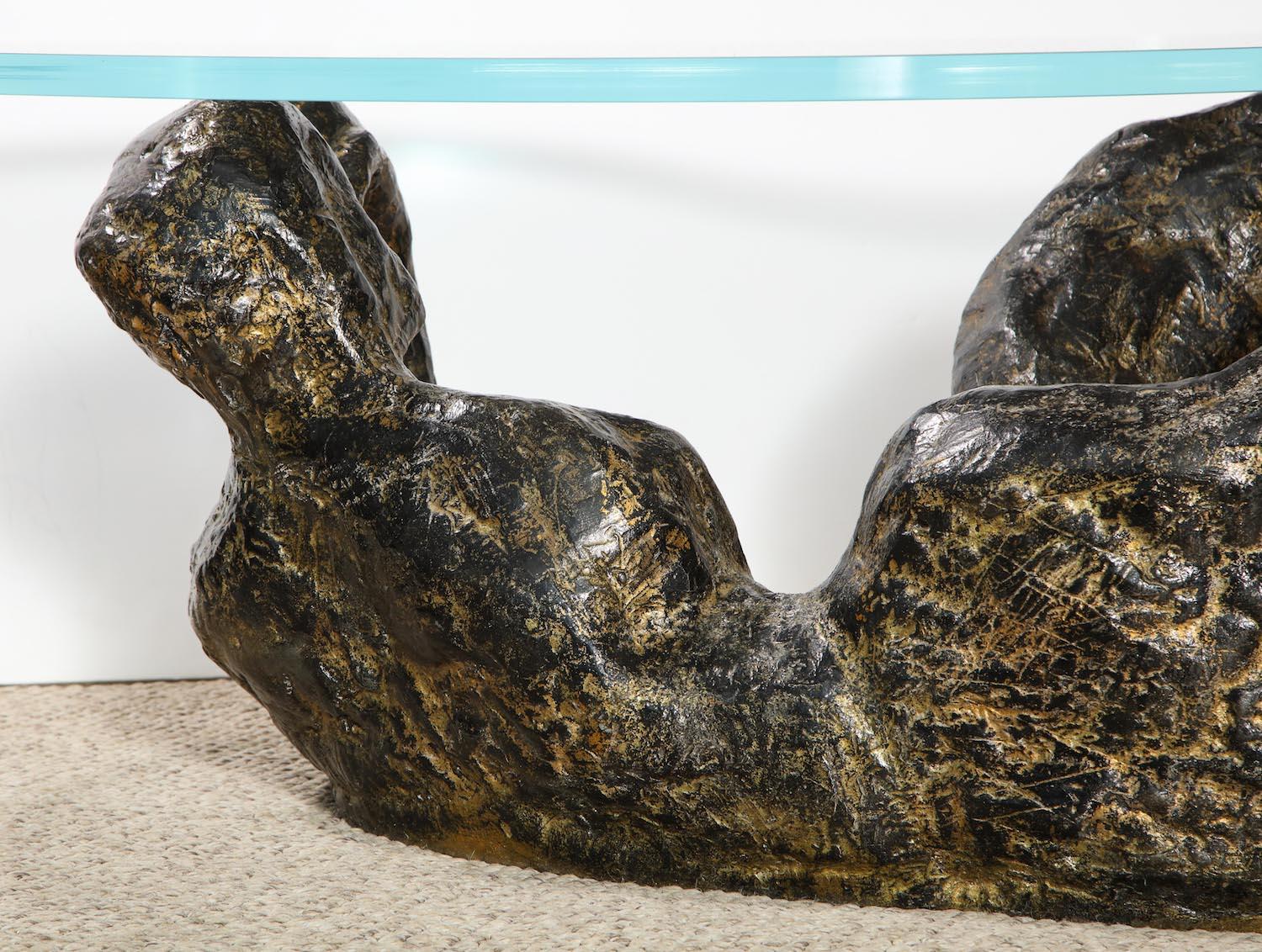 “Reclining Nude” low table by Philip & Kelvin LaVerne. A unique variant of a rare form. Cast mixed metals with an unusual black and silver-metal finish. Although this piece is not from a numbered edition, the LaVernes never produced more than 6