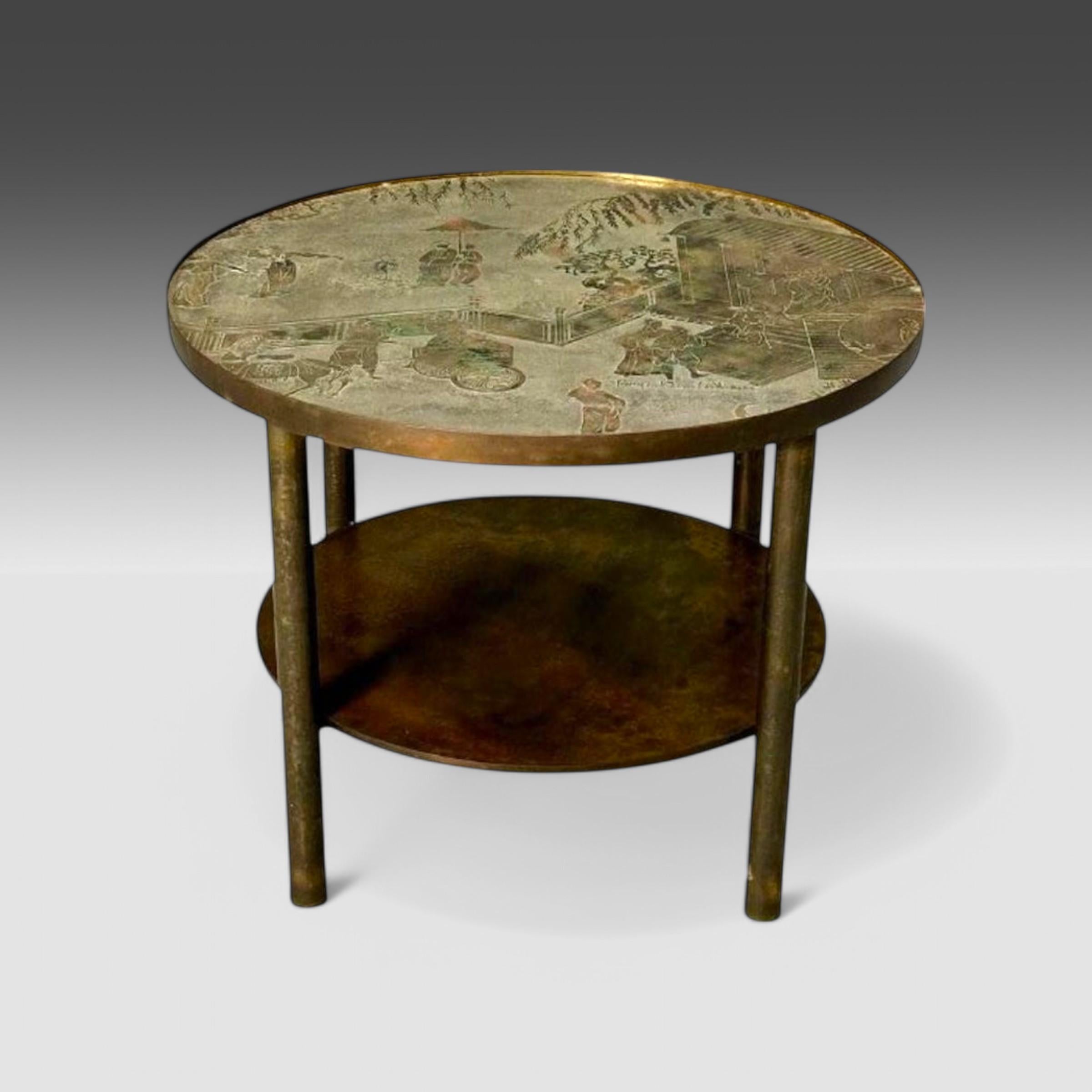 Étagère Tao moderne du milieu du siècle dernier, Philip & Kelvin LaVerne, grande table d'appoint, bronze

Rare et important exemplaire signé d'une table d'appoint 'Tao' en bois gravé et patiné recouvert de bronze par Philips & Kelvin LaVerne vers