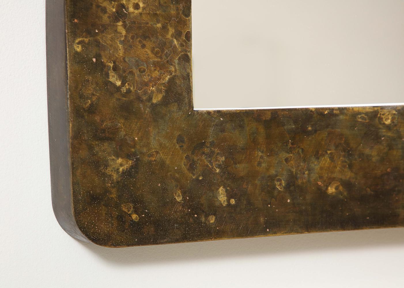 Square Wall Mirror by Philip & Kelvin LaVerne.  Patinated bronze, mirror. Studio-made creation of welded bronze with a beautifully torched finish.