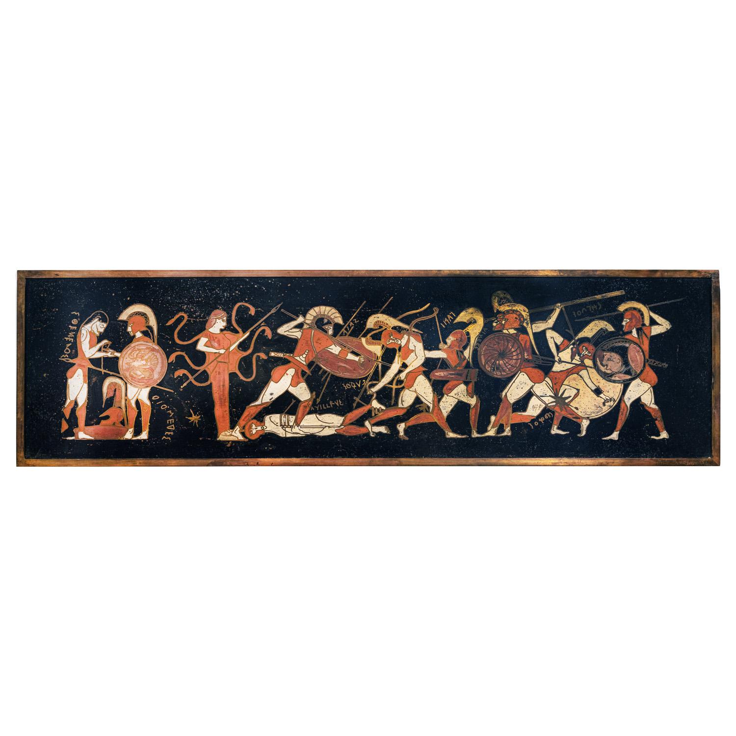 Early rare painting of a Greek mythology scene with Medusa and warriors on patinated and engraved bronze and pewter with colorful enamel cloisonne by Philip & Kelvin LaVerne, American 1959 (signed in 2 places and dated).  Philip and Kelvin LaVerne