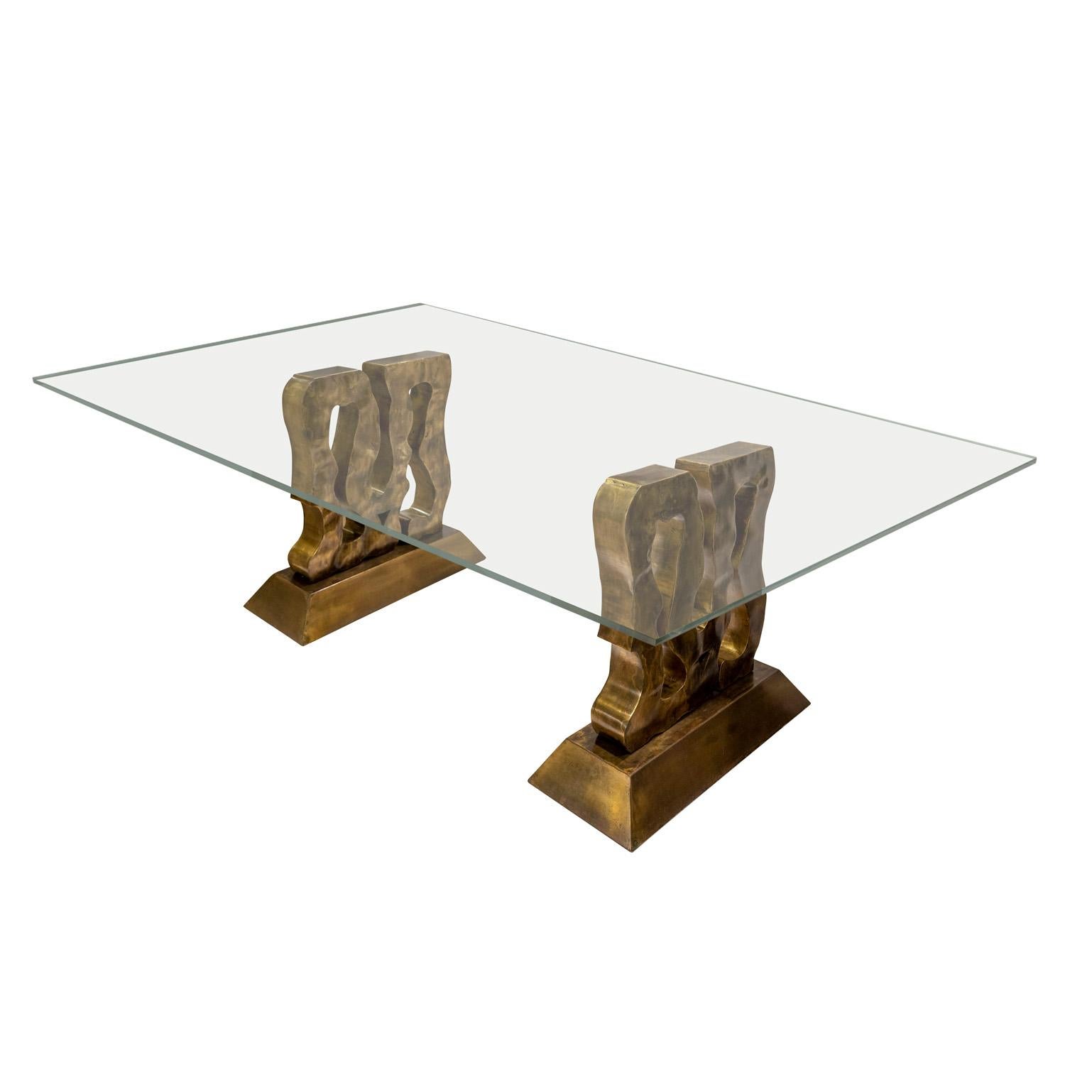 Magnificent and rare “Abstract #1” dining table with 2 hand-brazed abstract sculptures in patinated bronze with a thick glass top by Philip & Kelvin LaVerne, American 1980's (engraved “Philip Kelvin LaVerne” in metal and original gallery label on