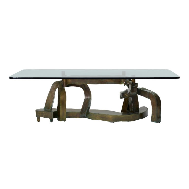 Rare and important hand-welded bronze sculpture dining table “Symphony” in bronze with glass top by Philip and Kelvin LaVerne, American 1970’s (signed “Philip Kelvin LaVerne”). According to Kelvin LaVerne, only 3 were made. Philip and Kelvin LaVerne