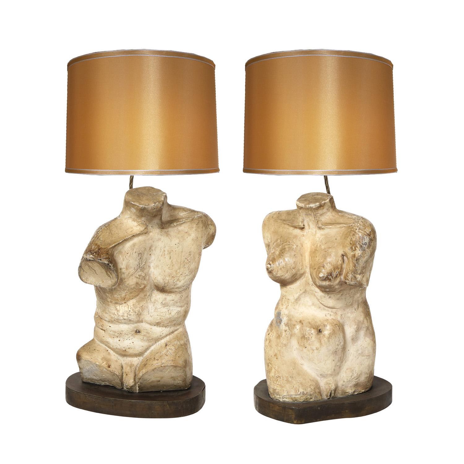 Rare and important male and female torso table lamps in Hydro Stone plaster on patinated bronze bases by Philip & Kelvin LaVerne, American ca. 1970 (signed 