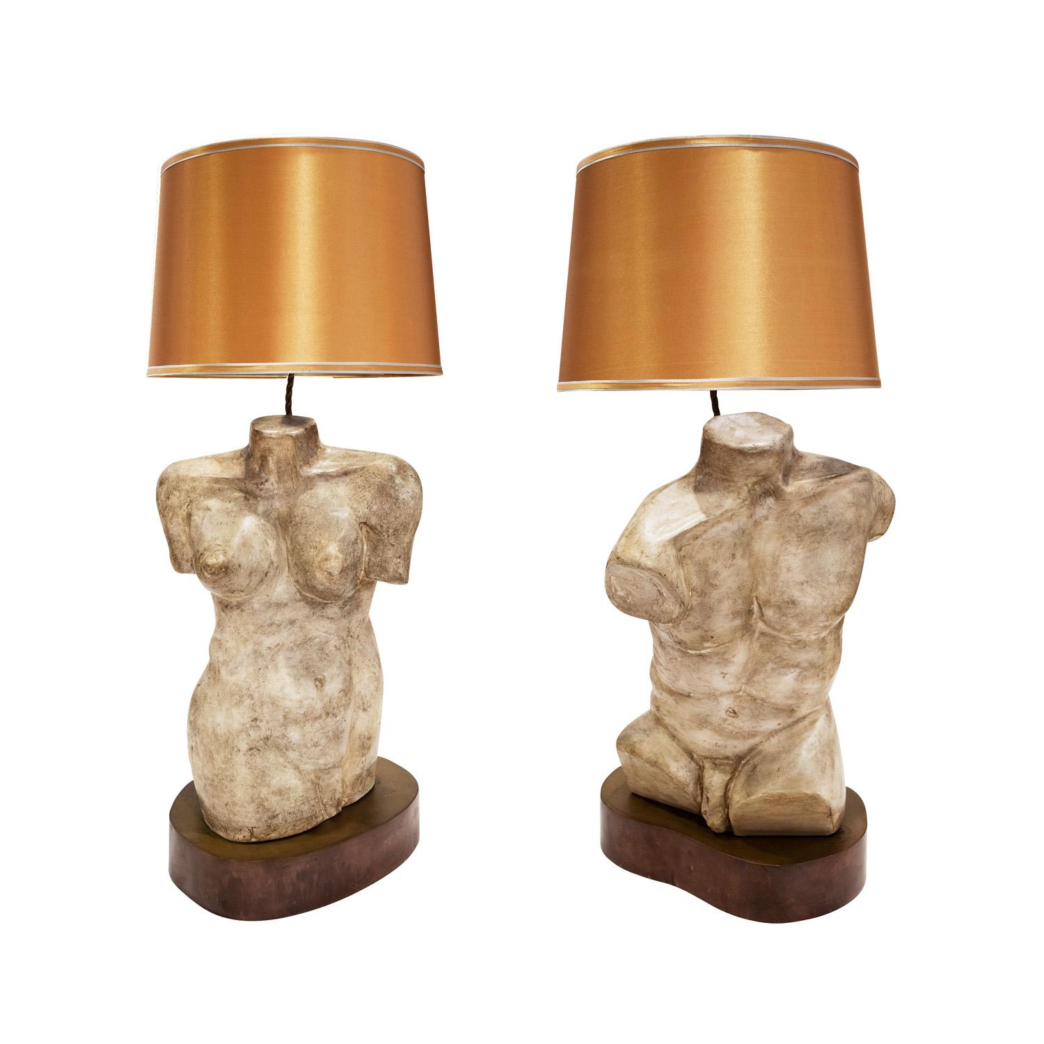Rare and important male and female torso table lamps in Hydro Stone plaster on patinated bronze bases by Philip & Kelvin LaVerne, American ca. 1970 (signed 