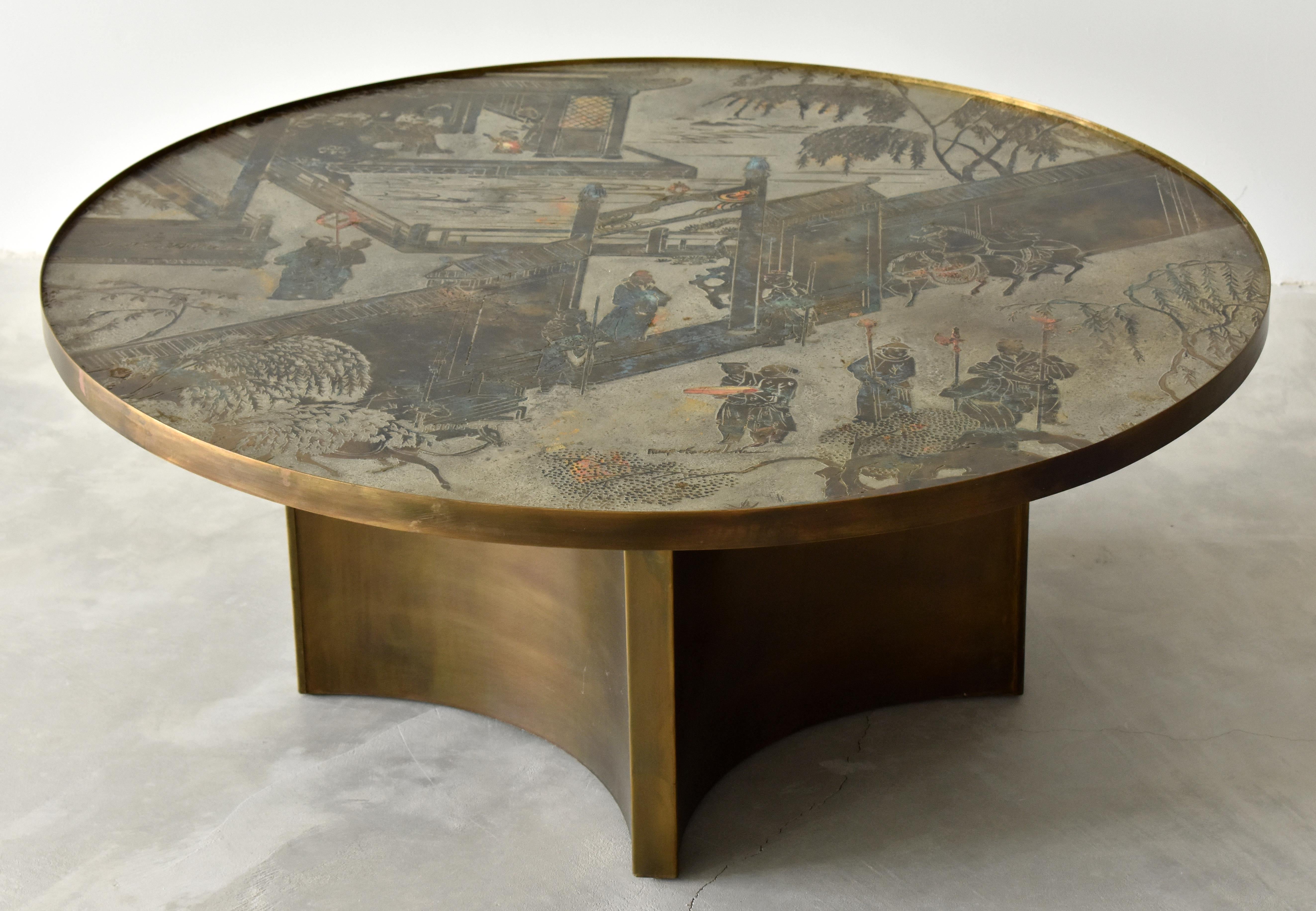 Mid-Century Modern Philip & Kelvin LaVerne, Rare Coffee Table Acid-Etched Pewter, Bronze, 1960s