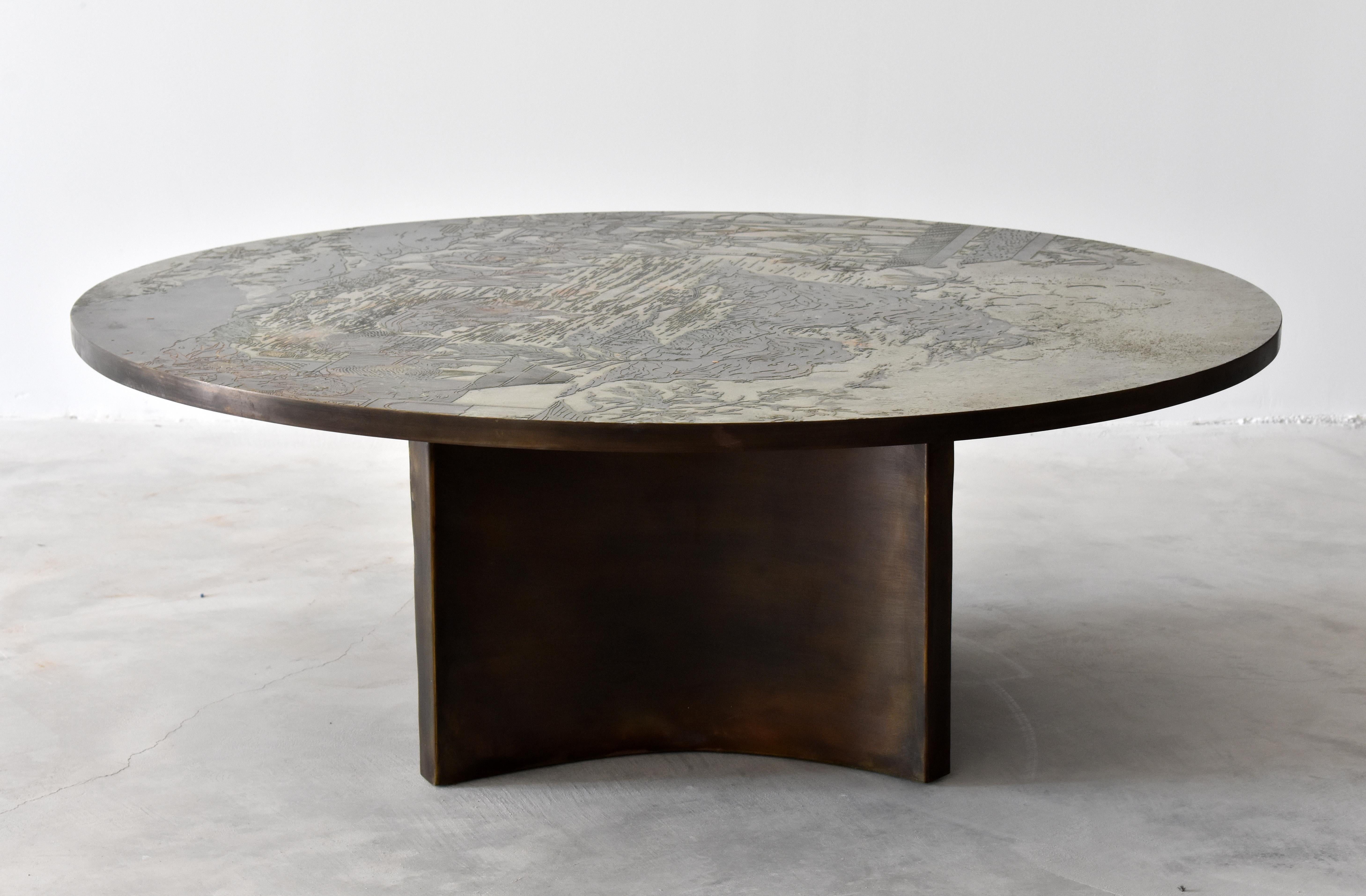 Mid-Century Modern Philip & Kelvin LaVerne, Rare Coffee Table Acid-Etched Pewter, Bronze, 1960s