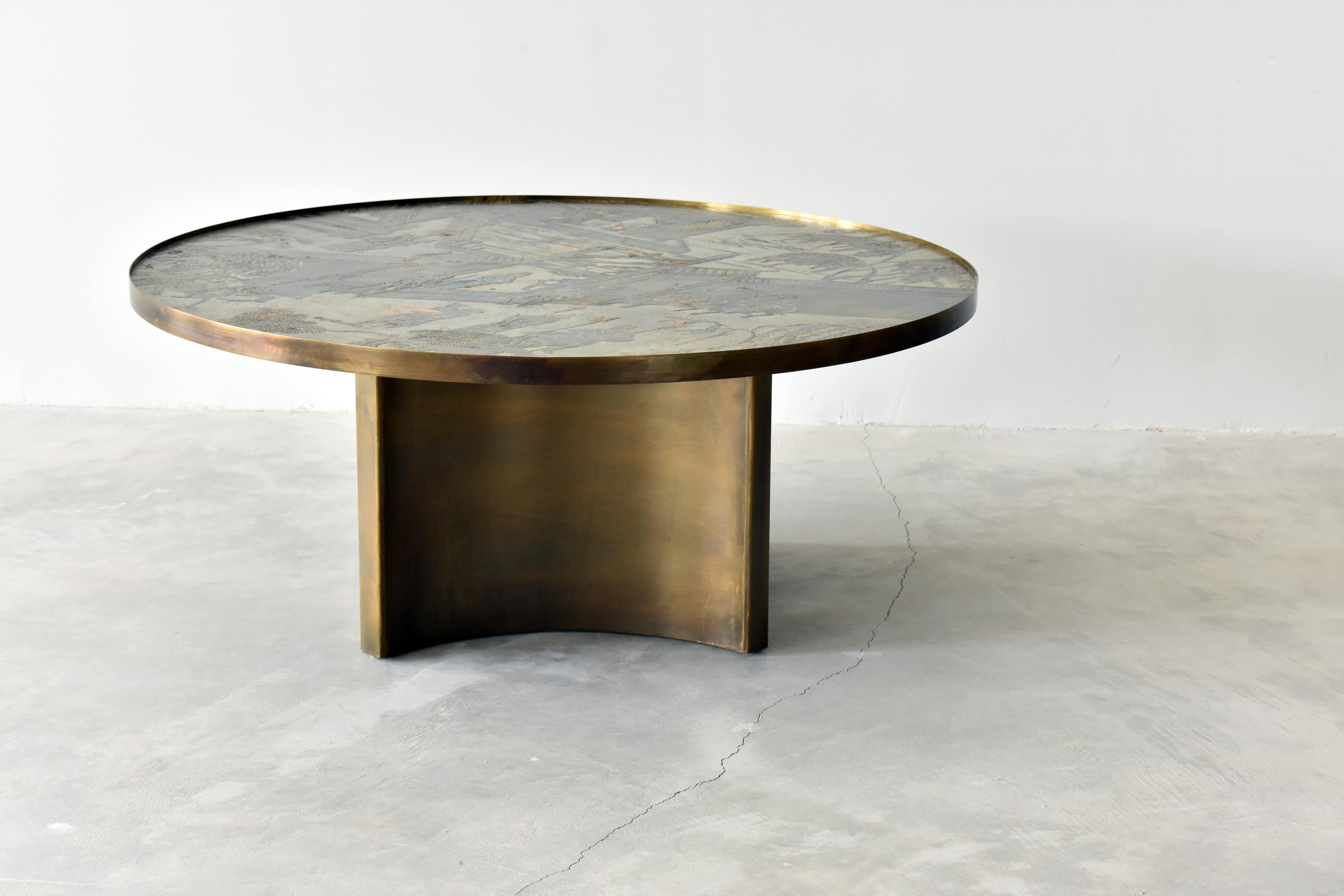 American Philip & Kelvin LaVerne, Rare Coffee Table Acid-Etched Pewter, Bronze, 1960s