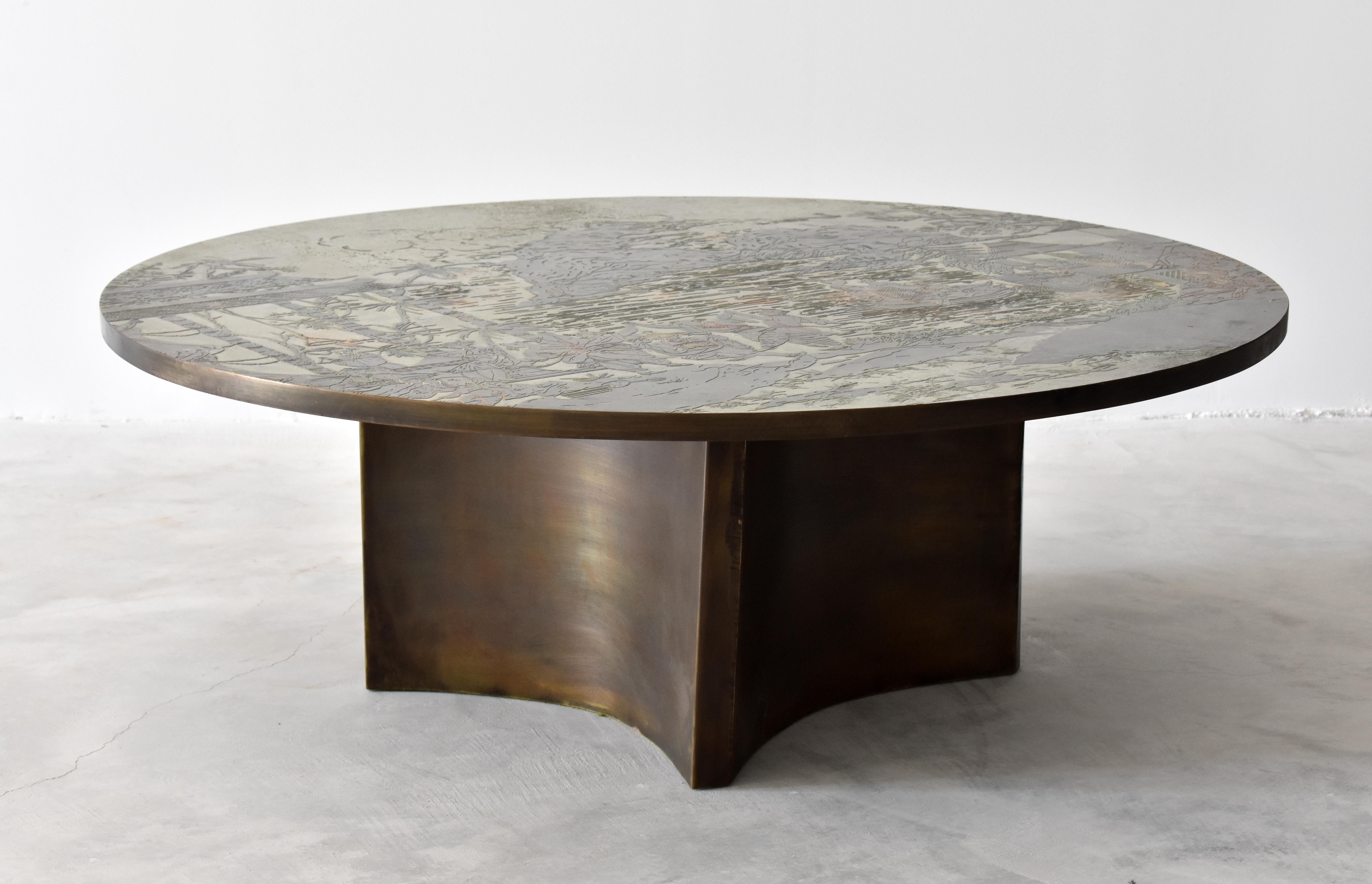 Philip & Kelvin LaVerne, Rare Coffee Table Acid-Etched Pewter, Bronze, 1960s In Excellent Condition In High Point, NC