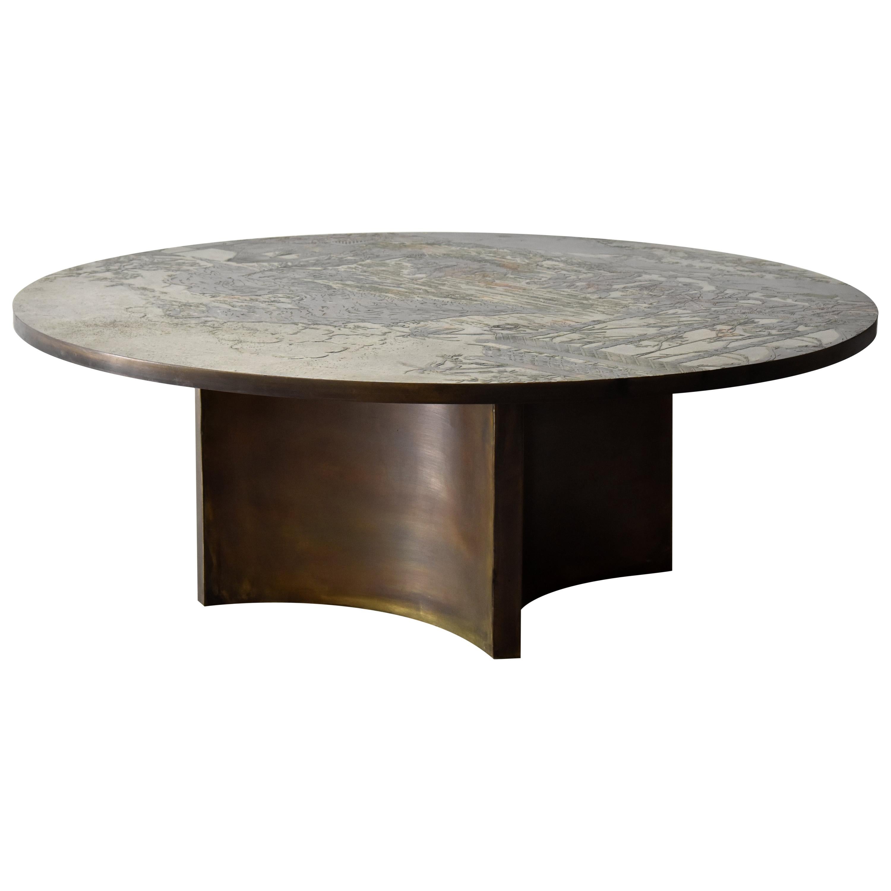 Philip & Kelvin LaVerne, Rare Coffee Table Acid-Etched Pewter, Bronze, 1960s