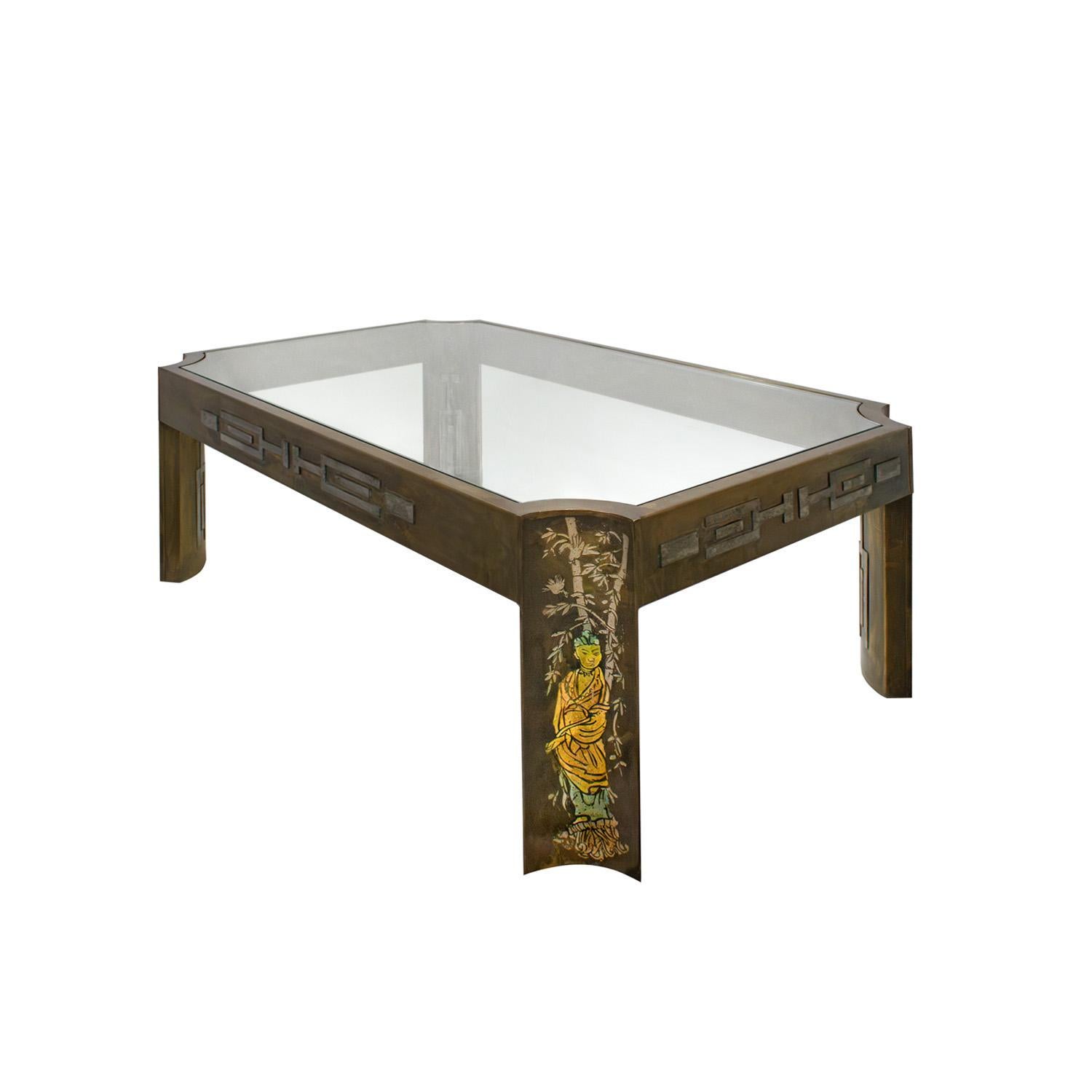 Mid-Century Modern Table basse rare Philip & Kelvin LaVerne avec motif chinois des années 1970 (signé) en vente
