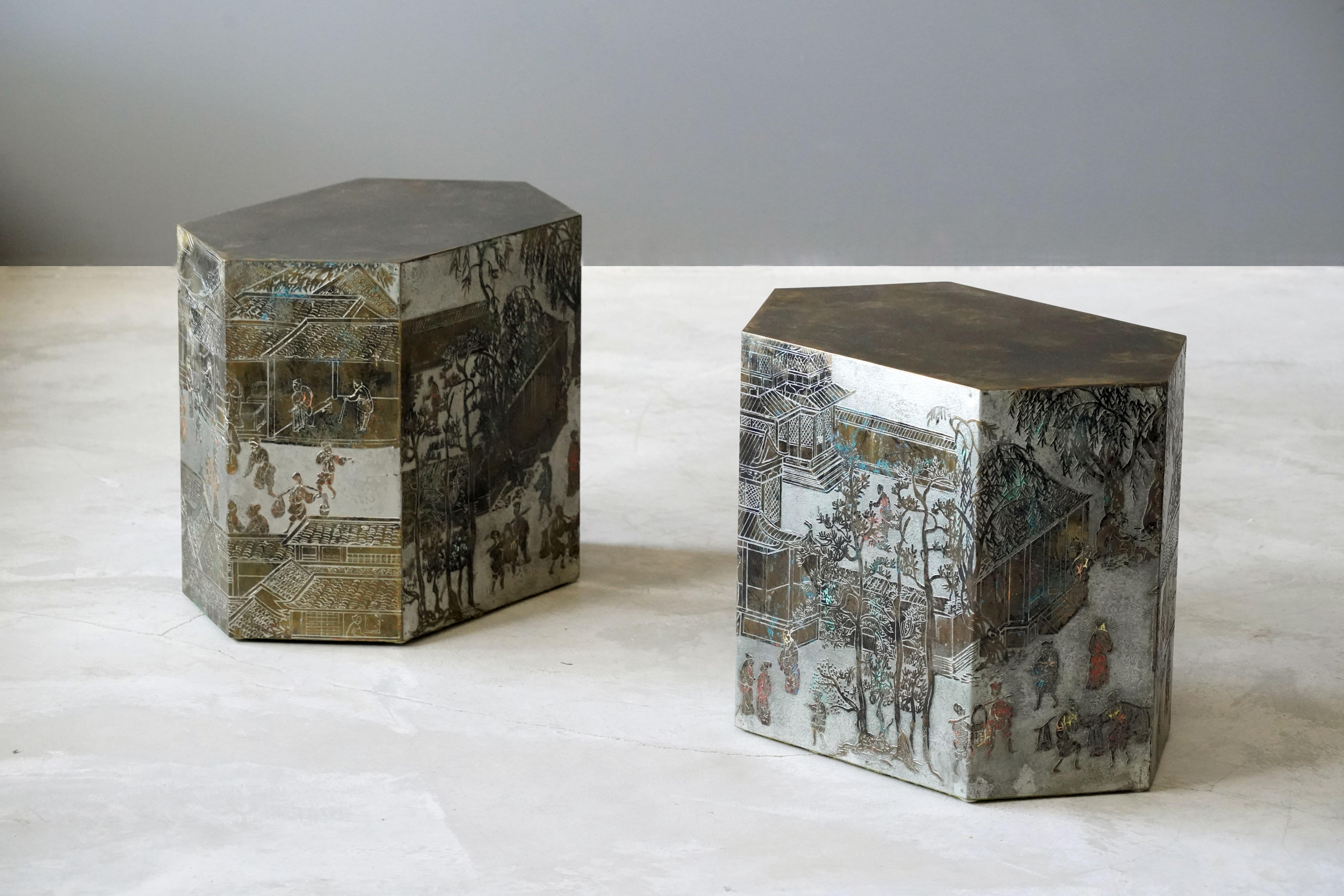 A pair of occasional side tables with enameled oriental motifs. Designed and studio executed by Father and son duo Philip and Kelvin LaVerne, circa 1965. Etched signature to each example.