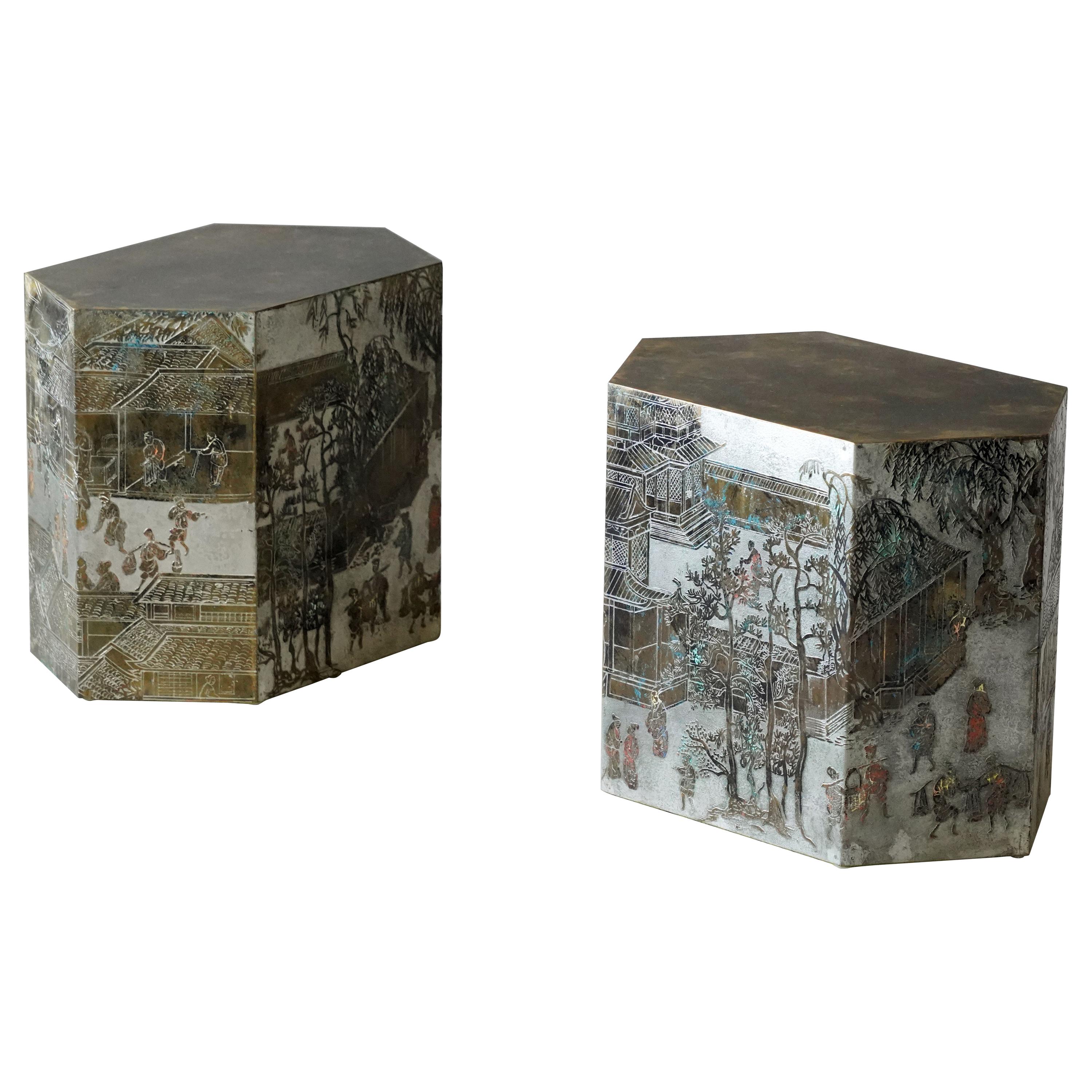 Philip & Kelvin Laverne, Rare Pair of "Chan" Side Tables, Brass, Pewter, 1965