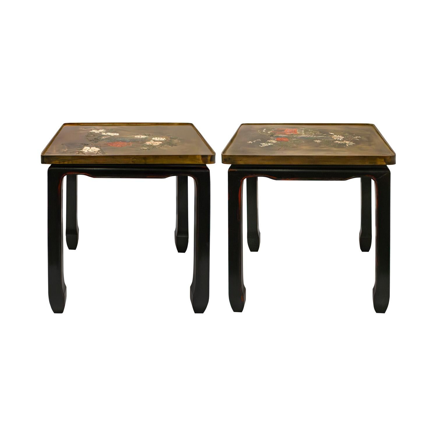 Philip & Kelvin LaVerne Seltenes Paar Beistelltische mit Holzsockeln mit Holzsockeln 1950er Jahre (Signiert) (Moderne der Mitte des Jahrhunderts) im Angebot