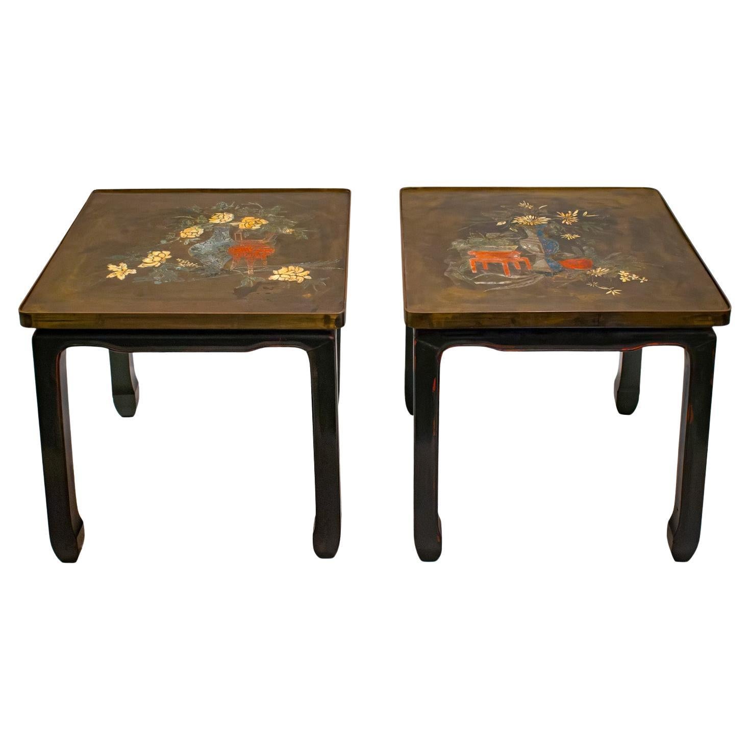 Philip & Kelvin LaVerne Seltenes Paar Beistelltische mit Holzsockeln mit Holzsockeln 1950er Jahre (Signiert) im Angebot
