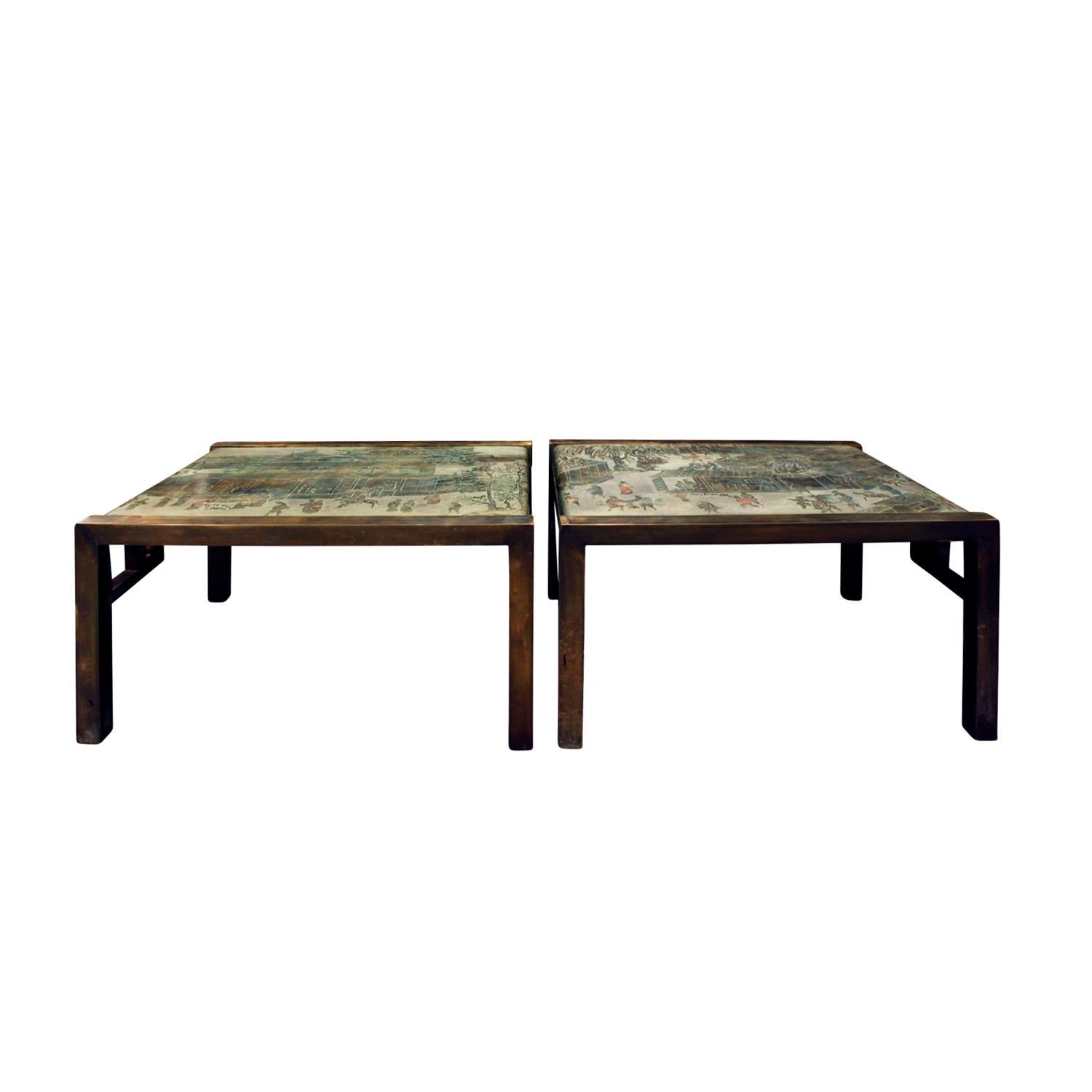 Rare pair of “Special Festival Coffee Tables” in patinated bronze and pewter with painted enamels by Philip & Kelvin LaVerne, American, 1960s. (Signed “Philip and Kelvin LaVerne on both table tops” and “Philip LaVerne Galleries Ltd.” labels on