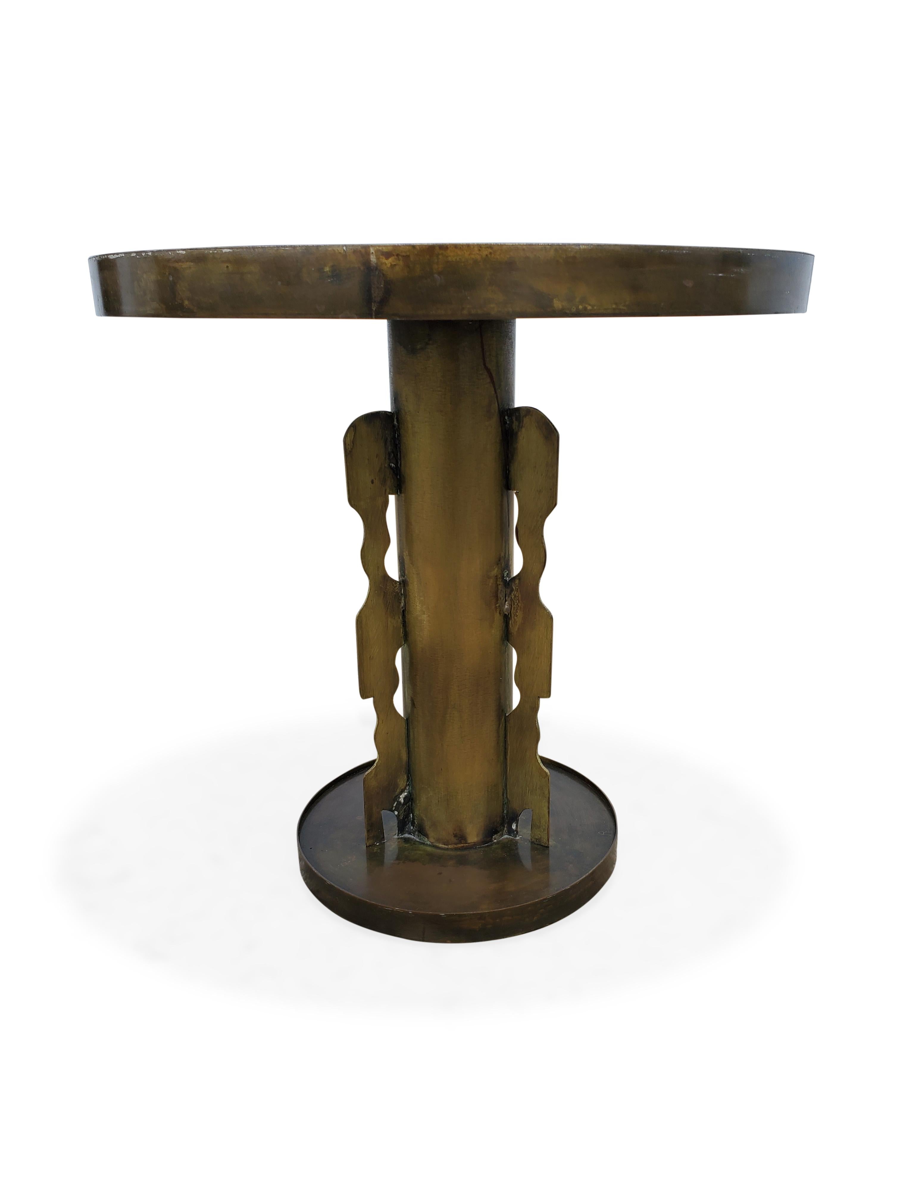 Philip & Kelvin LaVerne round side table.

Table is signed, acid etched and patinated cloud like surface on top of table.