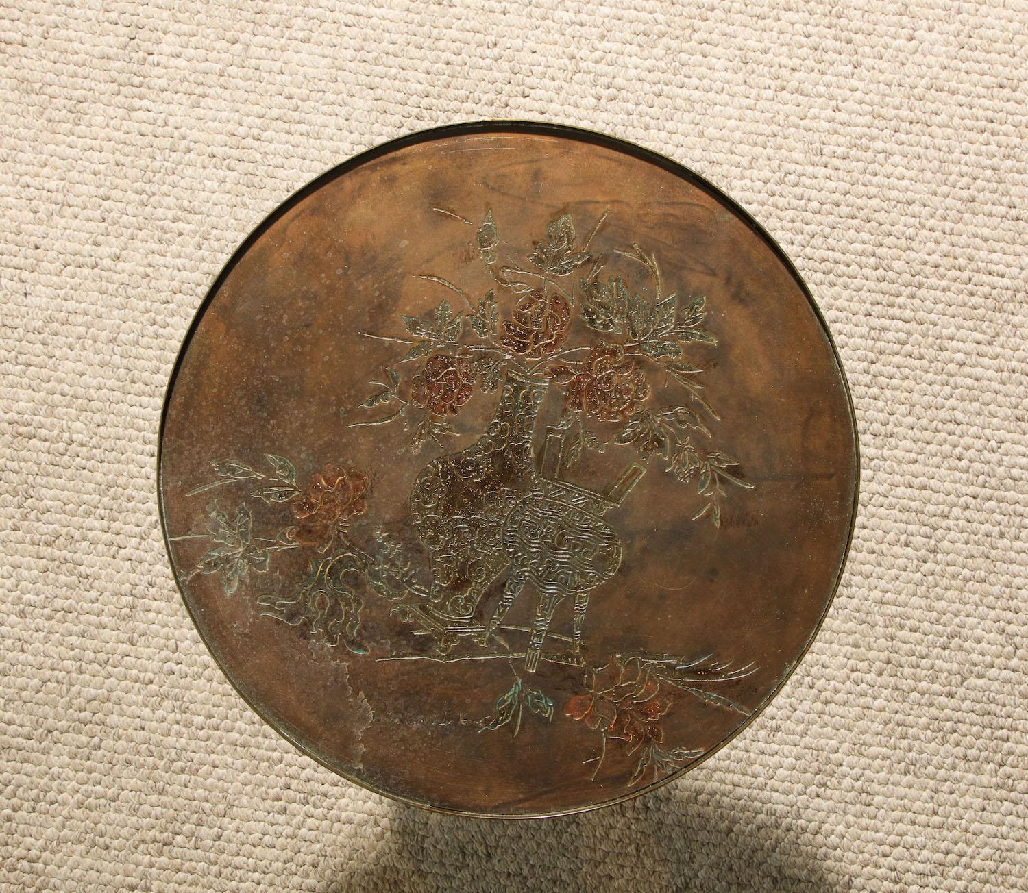 Shang Ti, circular side table by Philip and Kelvin LaVerne. Bronze table with 3 legs and multiple supports. Top has etched design in pewter with enameled color additions. Etched signature to top surface. Original condition, recently cleaned.