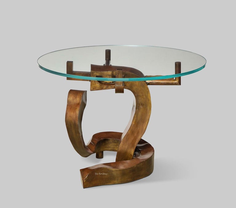 “Ballet Dancer” Unique Center Table by Philip & Kelvin LaVerne. Studio made table with welded, hammered and hand-worked base. Sculptural base with new glass top. Part of a small series of Brutalist tables made in the early 1970s. Artist signed at