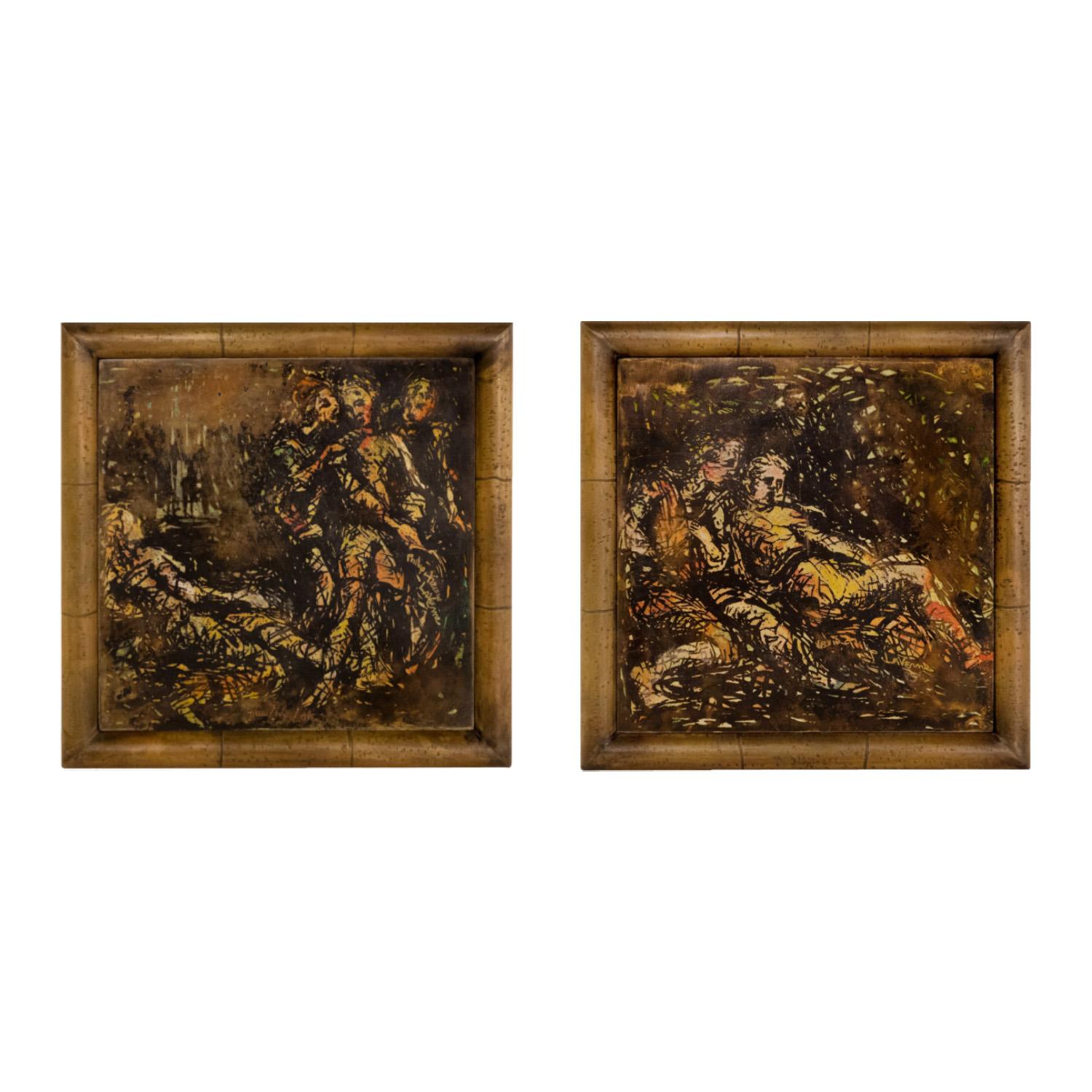 Pair of unique Impressionist paintings on bronze and pewter 