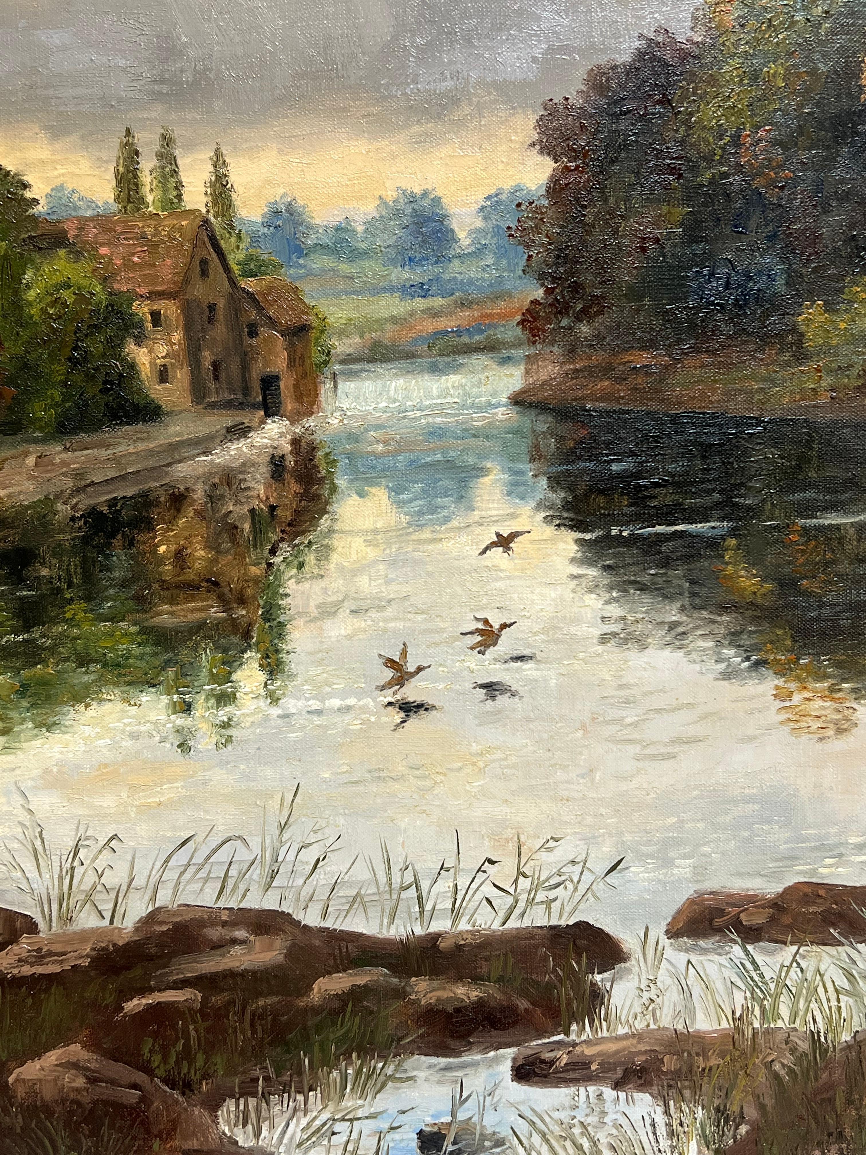 Gran óleo tradicional inglés Antiguo molino de agua en un paisaje rural en venta 9