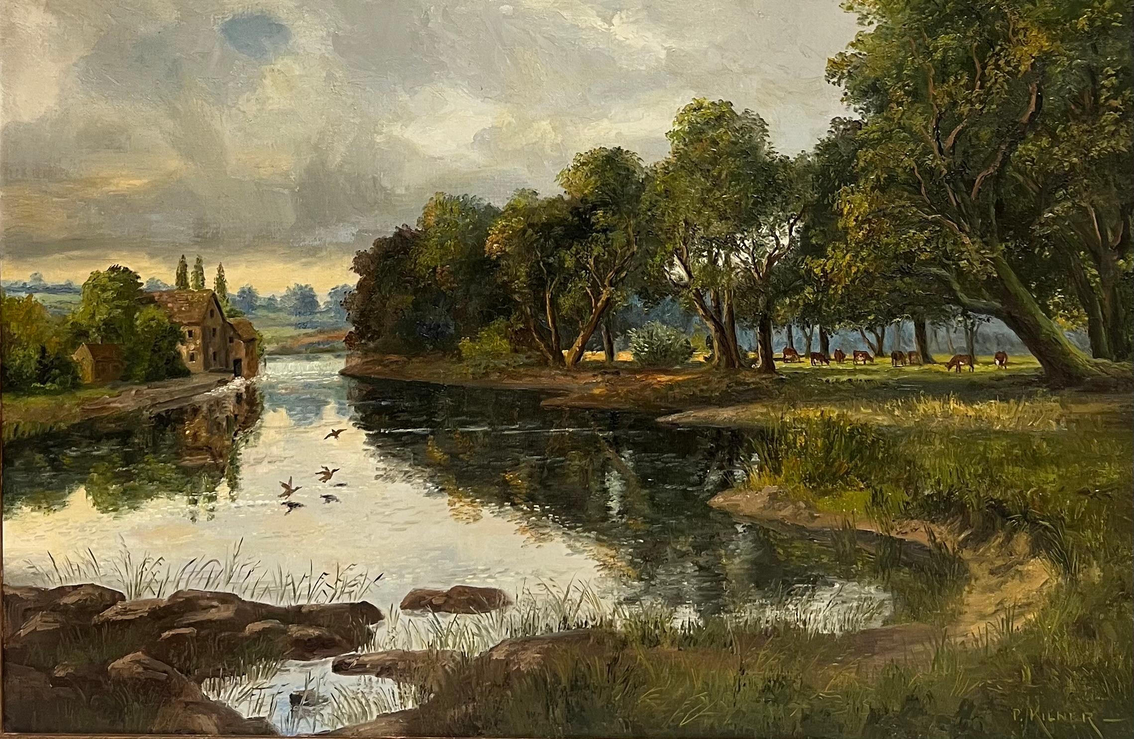 Gran óleo tradicional inglés Antiguo molino de agua en un paisaje rural - Painting de Philip Kilner