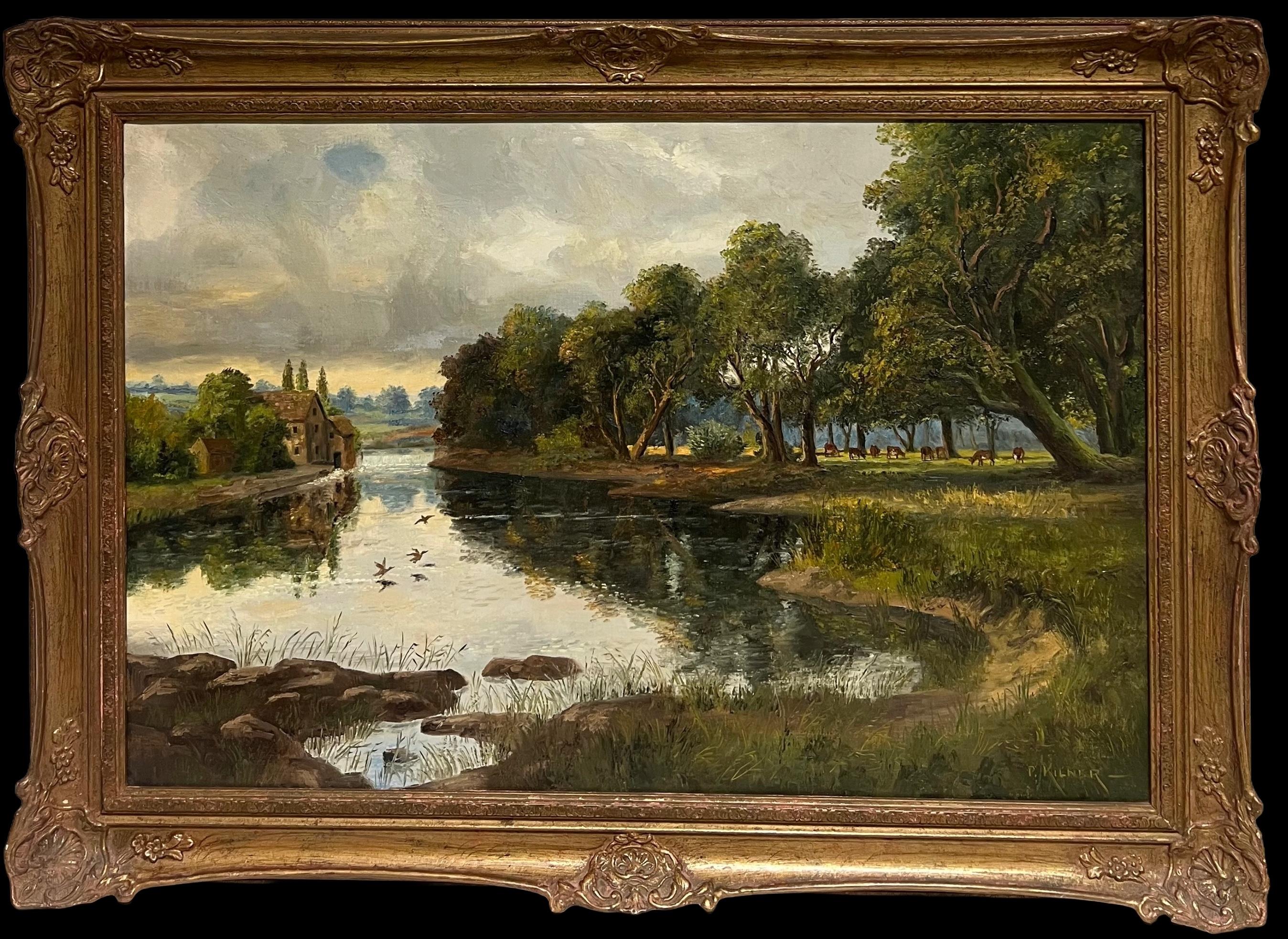 Grande dipinto a olio tradizionale inglese Vecchio mulino ad acqua in paesaggio rurale