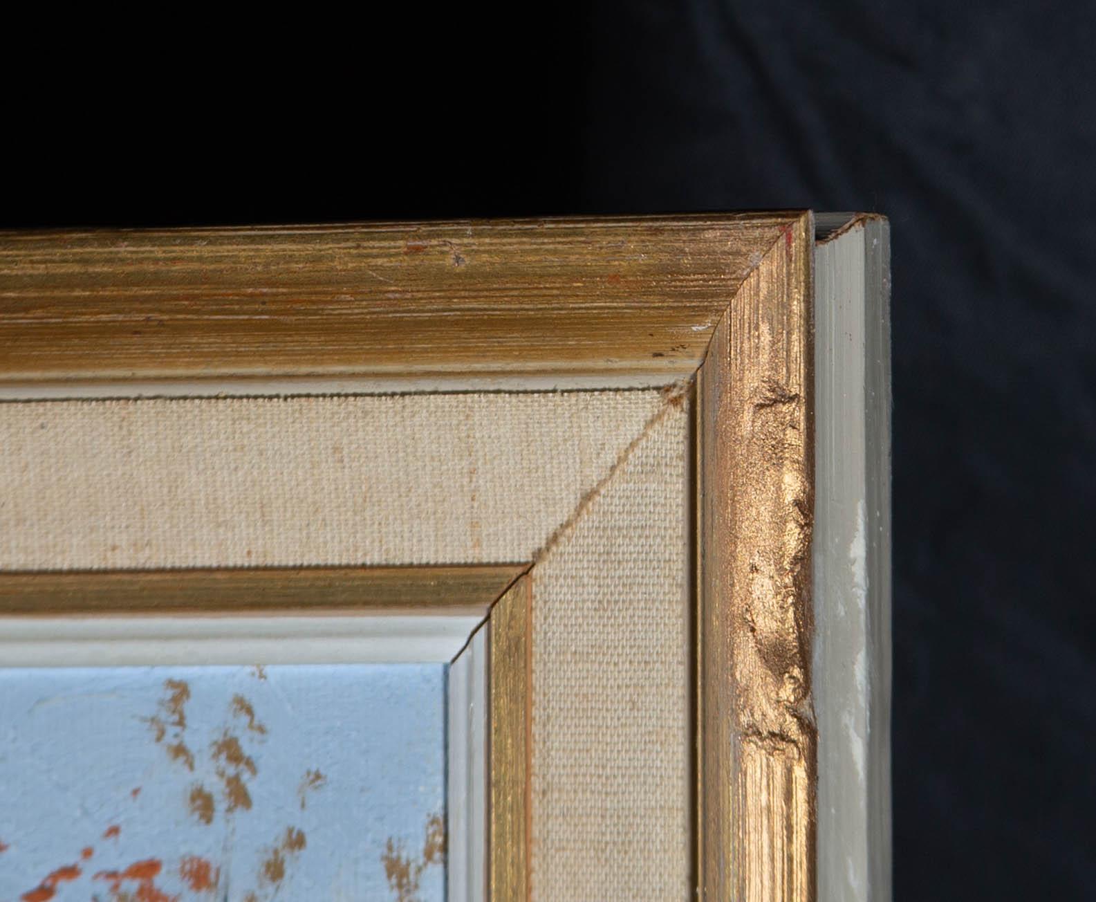 An autumnal scene in a forest with a river flowing through the centre of the composition. Presented in a gilt-effect wooden frame with a linen slip. Signed and dated to the lower-right edge. Inscribed with the title on the verso. On canvas on