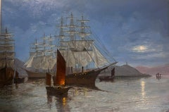 Large Marine Oil Painting Classic Three Masted Sailing Ship Chinese Harbour Dusk