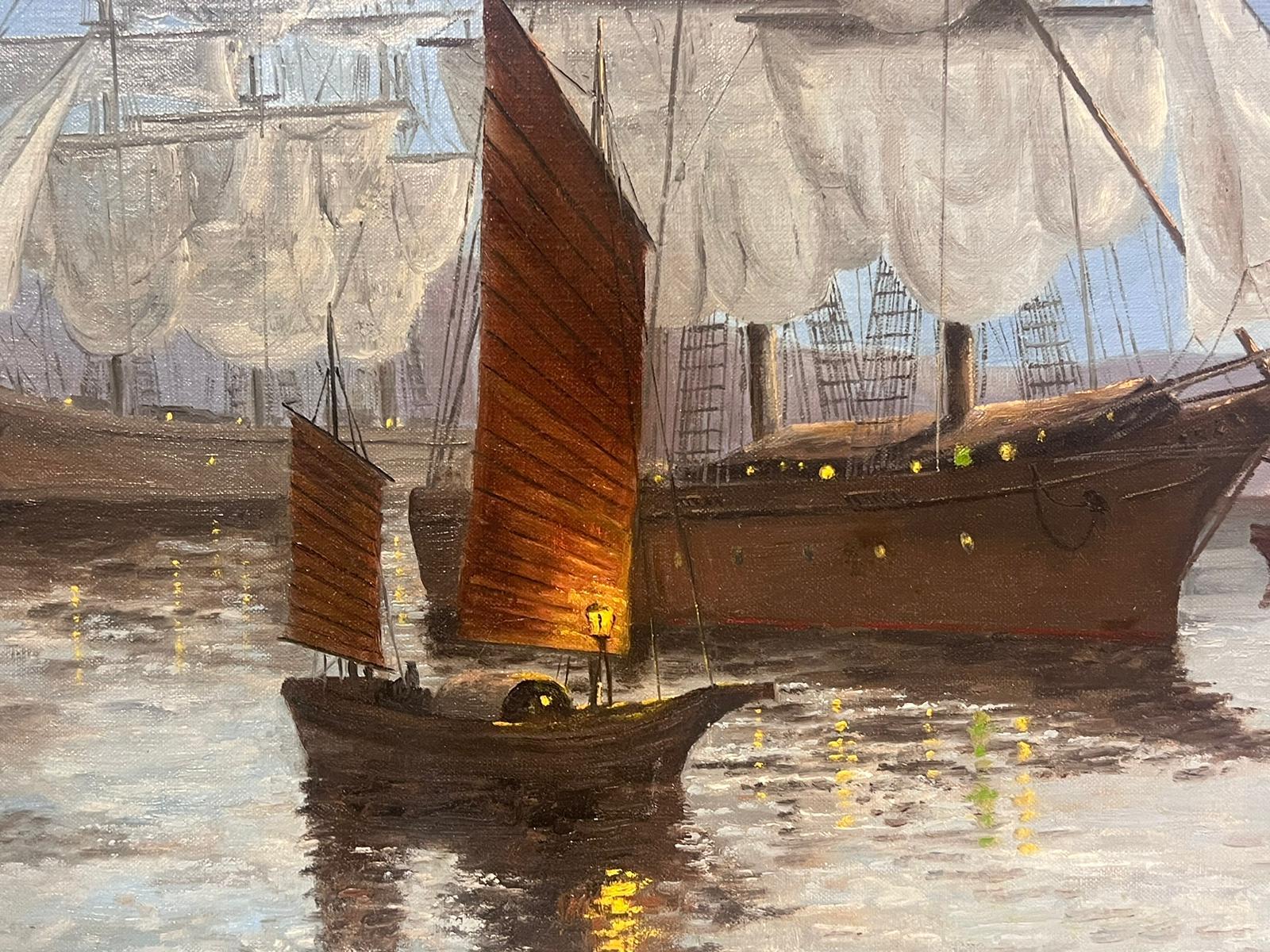 Navegación nocturna por la costa china con barcos Junk
de Philip Kilner (británico, siglo XX)
óleo sobre lienzo firmado, sin enmarcar
lienzo: 20 x 30 pulgadas
procedencia: colección privada, Inglaterra
estado: muy bueno y en buen estado