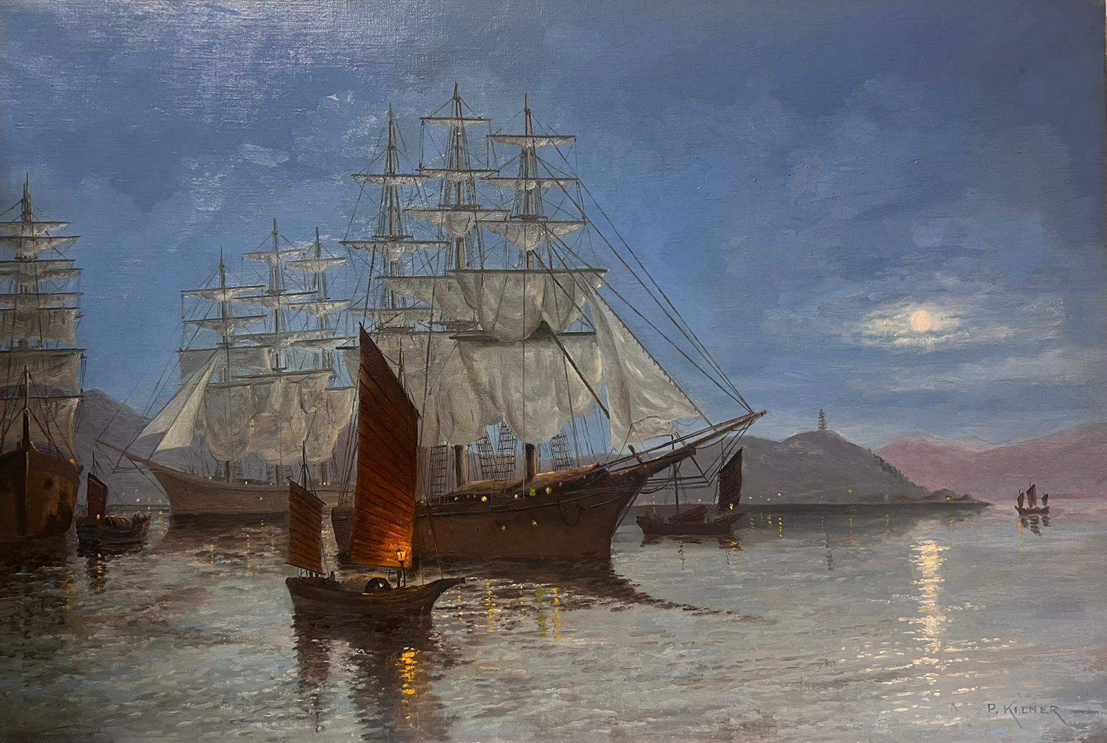 Philip Kilner Landscape Painting - Large Marine Oil Painting Classic Three Masted Sailing Ship Chinese Harbour Dusk