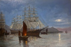 Large Marine Oil Painting Classic Three Masted Sailing Ship Chinese Harbour Dusk