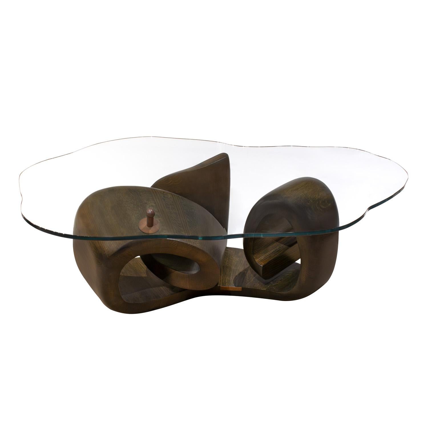 Rare unique wood sculpture table, superbly hand-crafted organic sweeping and curving form in wood with bronze support element and thick customized glass top by Philip LaVerne, American 1966 (signed three times - 