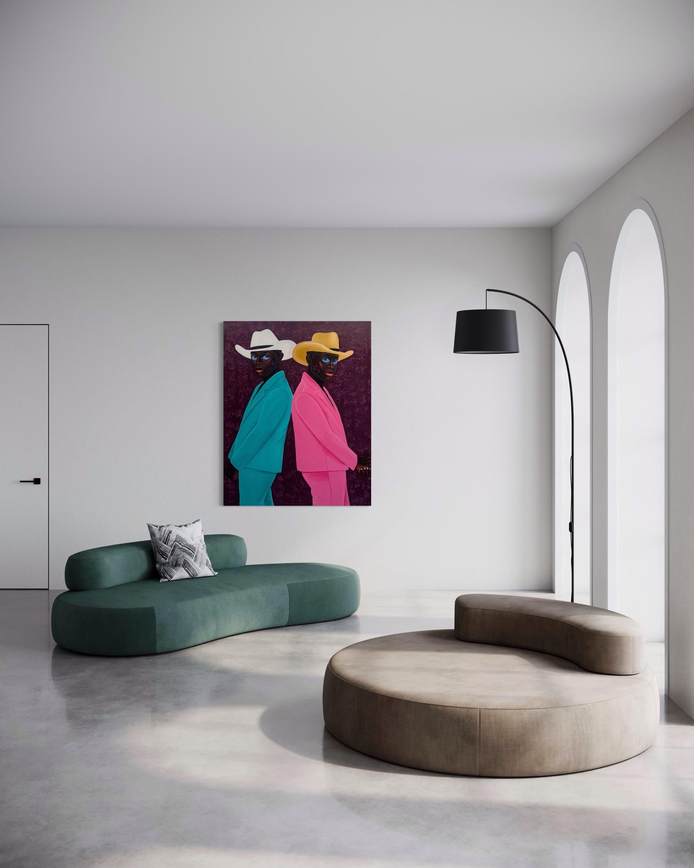 Two men stand back-to-back, their mirrored poses creating both tension and harmony. One is dressed in a vibrant turquoise suit paired with a crisp white cowboy hat, while the other wears a bold pink suit topped with a golden hat. Their piercing blue