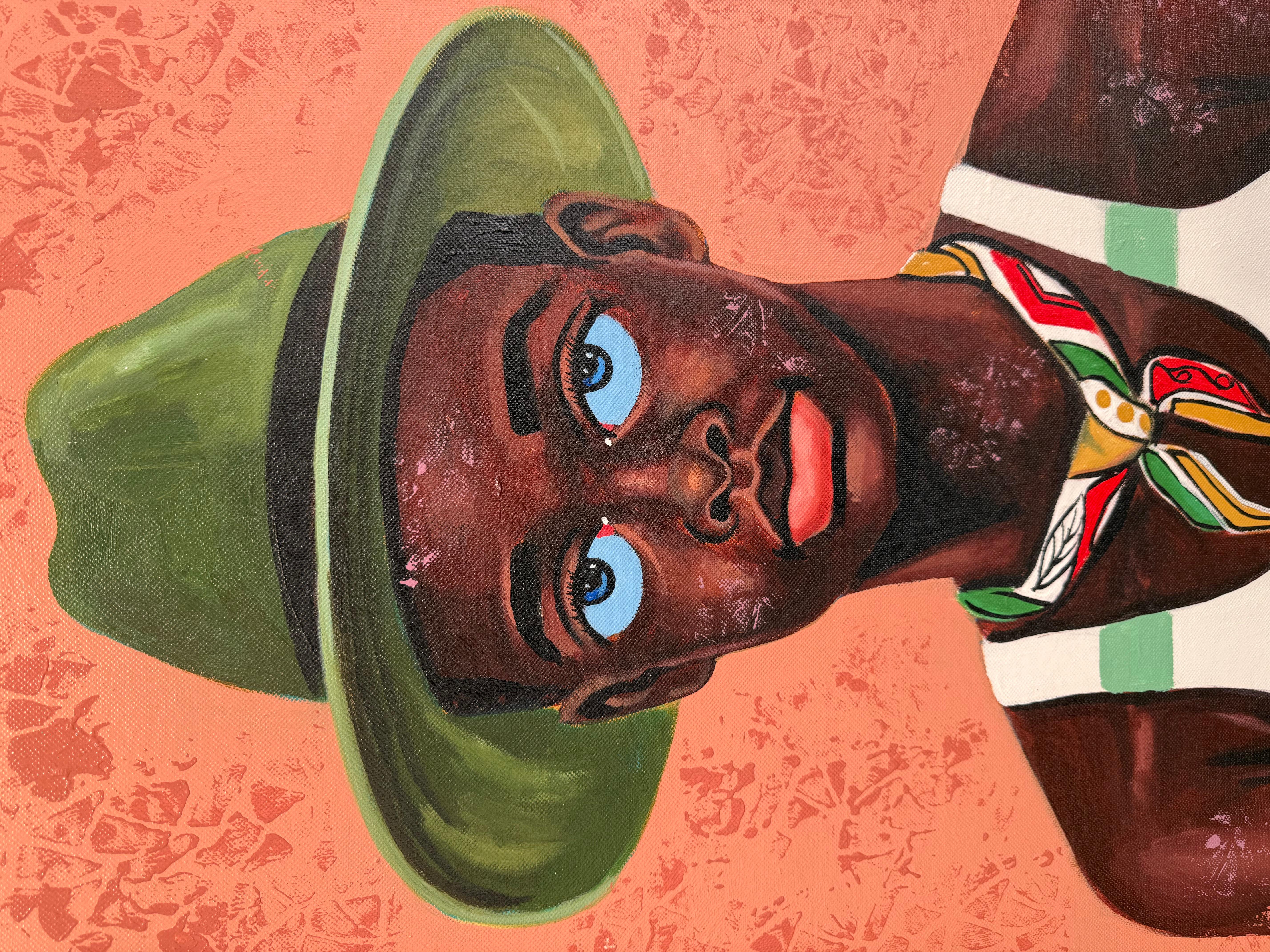 In diesem Werk stehen zwei junge Männer Schulter an Schulter, wobei ihre gespiegelte Haltung sowohl Verwandtschaft als auch Individualität suggeriert. Jede Figur ist in ein gestreiftes Hemd gekleidet, das durch einen gemusterten Schal und einen