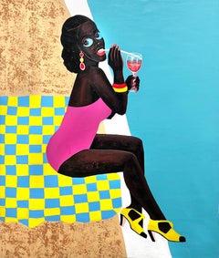 "Pool Fun" - Colorful Figurative Painting by Ghanaian Artist Philip Letsu, 2022