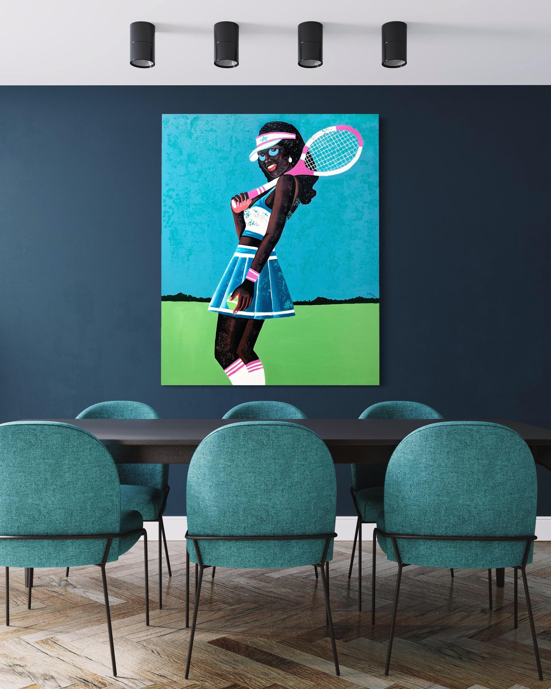 Pose With My Racket - Peinture figurative colorée du Ghanaian Philip Letsu en vente 1