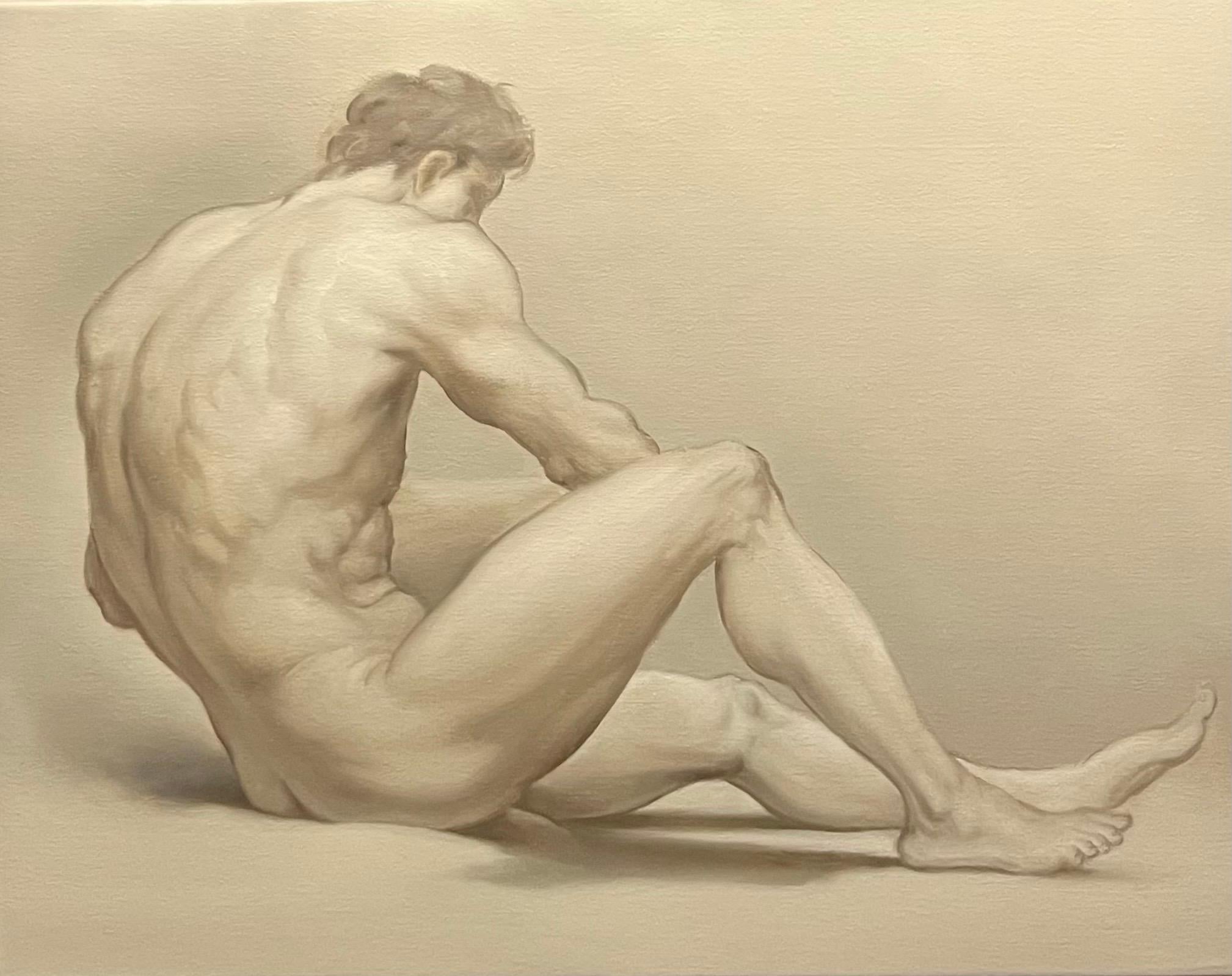 This refined en grisaille oil on canvas by Philip Melville Courtney presents a classical male nude rendered with striking restraint and authority. Conceived as a gesture sketch elevated into a finished painting, the work introduces a compelling new
