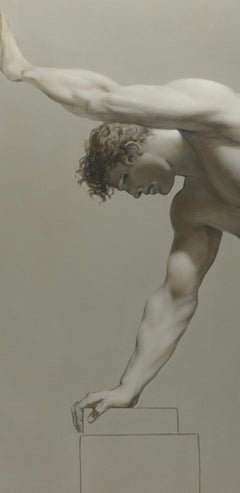 Nudo maschile con plinto - Olio su tela En Grisaille di grandi dimensioni con schizzo del gesto 40x54