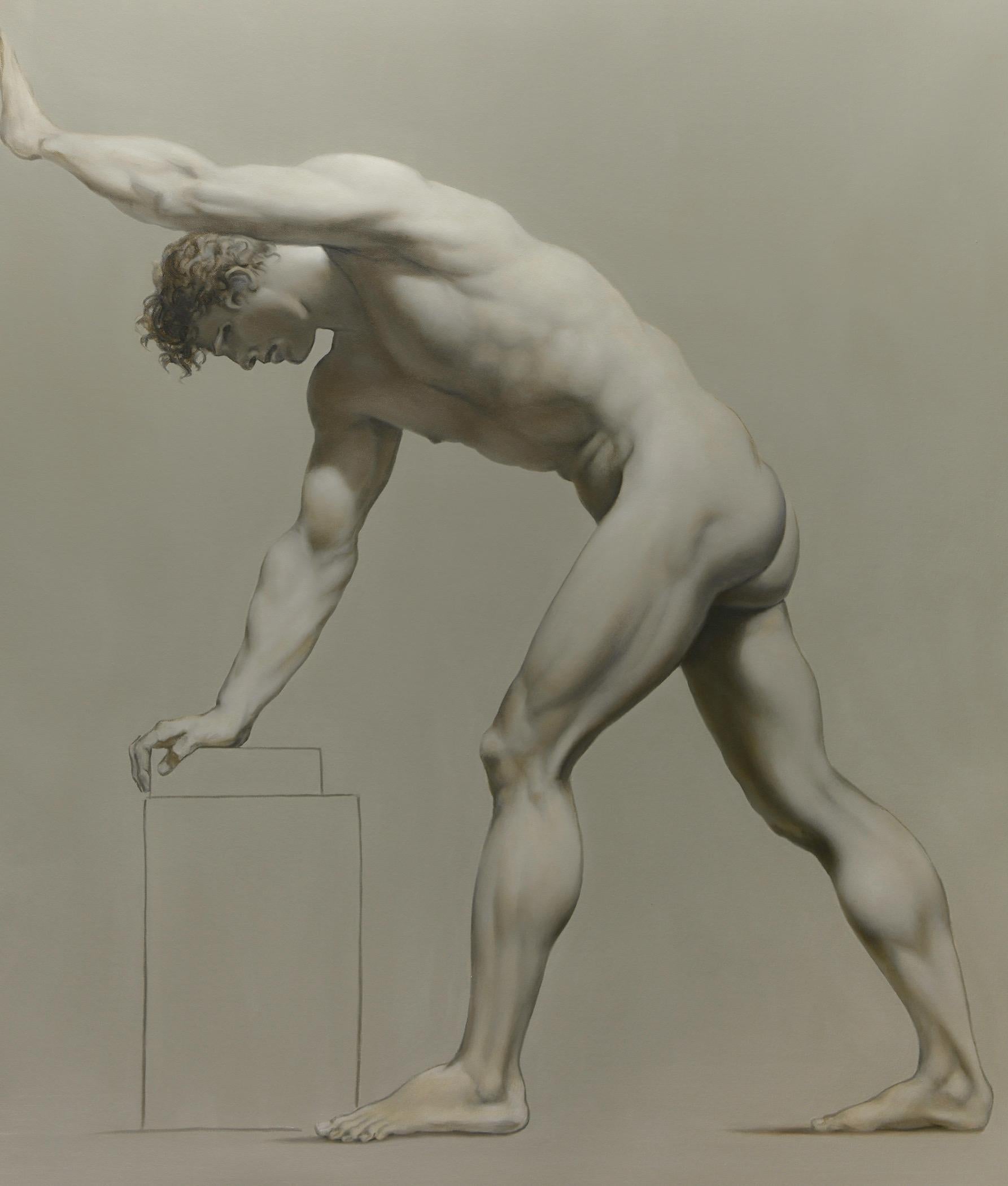 Figurative Painting Philip Melville Courtney - Male Nude with Plinth — Large En Grisaille Oil on Canvas of Gesture Sketch 40x54